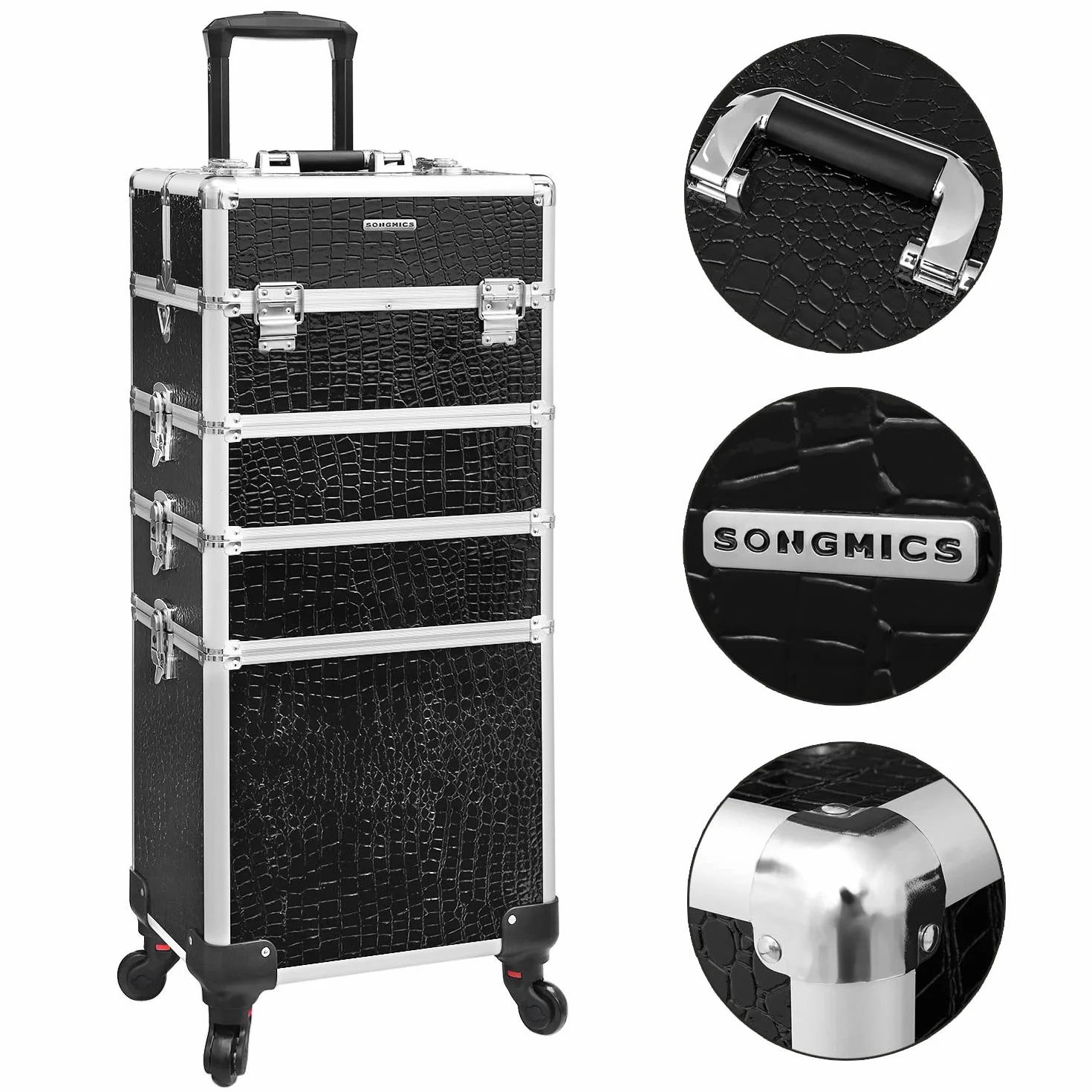 SONGMICS Aluminiowa walizka na kółkach, walizka fryzjerska, kuferek na kosmetyki bez zawartości, bagaż podręczny, Beauty Case, 4 w 1, XXL, czarna JHZ06B
