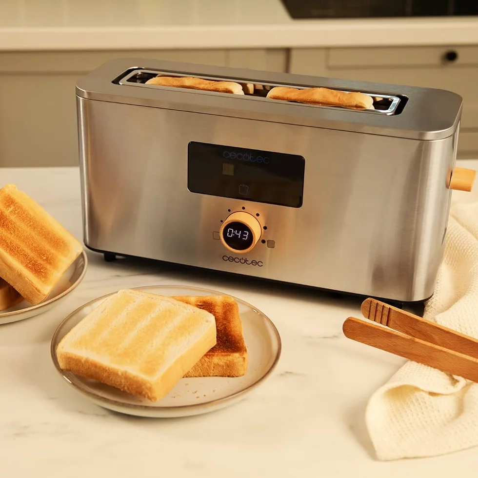 Cecotec Toster pionowy 1 bardzo długie szczeliny Touch&Toast Extra. 1000 W, 24 kromki chleba, ekstra szeroka szczelina 3,5 cm, ekran dotykowy i cyfrowe koło, wykończenie ze stali nierdzewnej