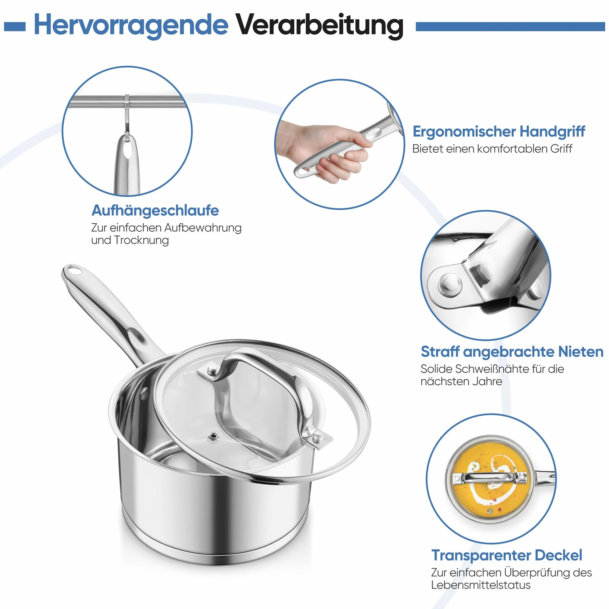 Onader rondel 14 cm, 3-warstwowy dno, stal nierdzewna, garnek do mleka ze szklaną pokrywką, 0,9 l, do wszystkich rodzajów kuchenek, zdrowy i nadaje się do mycia w zmywarce