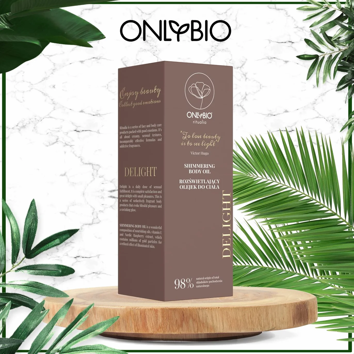 ONLYBIO Ritualia DELIGHT złoty iluminujący, połyskujący olejek do ciała, olejek pielęgnacyjny ze słodkimi migdałami, makadamia awokado witaminą E, antyoksydantem – wegański i roślinny