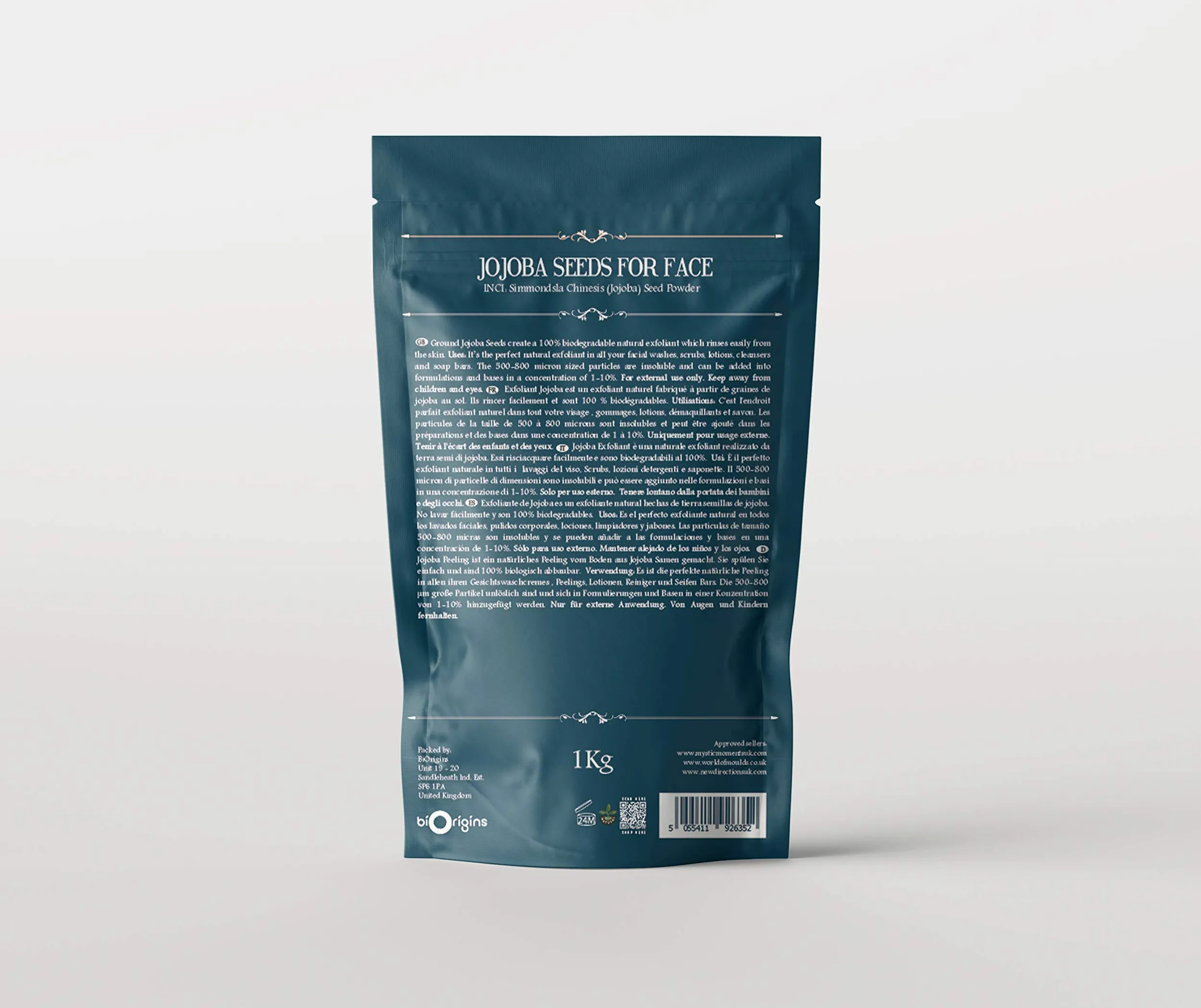 Mystic Moments | Puder do peelingu twarzy z nasion jojoba | 1Kg | Biodegradowalny puder z nasion Simmondsia chinensis do peelingów twarzy, środków myjących, balsamów i mydeł.