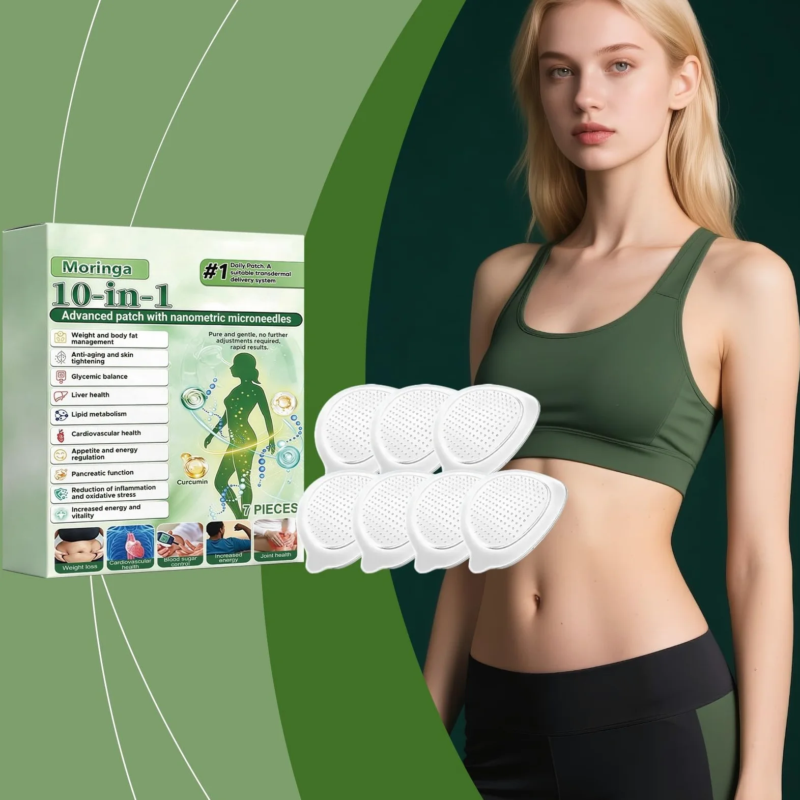 Moringa x Berberine Plaster 10 w 1, nano Microneedle odchudzająca, naturalna plaster odchudzający, płaski brzuch, łatwa w aplikacji, niewidoczna, dla mężczyzn i kobiet