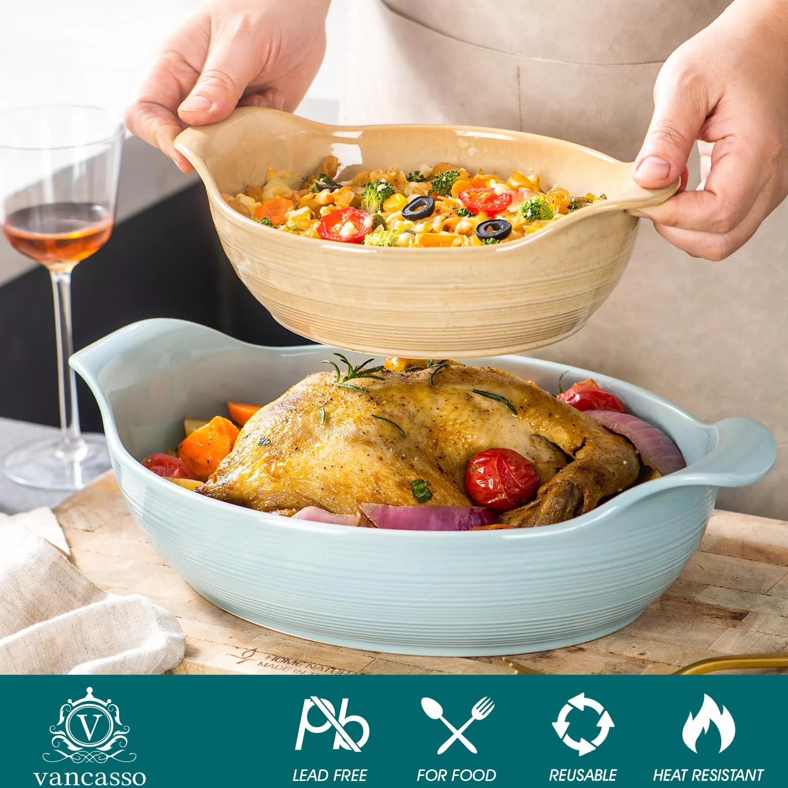 vancasso Prestige Zestaw 2 prostokątnych kamionkowych dań do pieca do lasagne, Pizze, ciast - 23x15,5x7cm