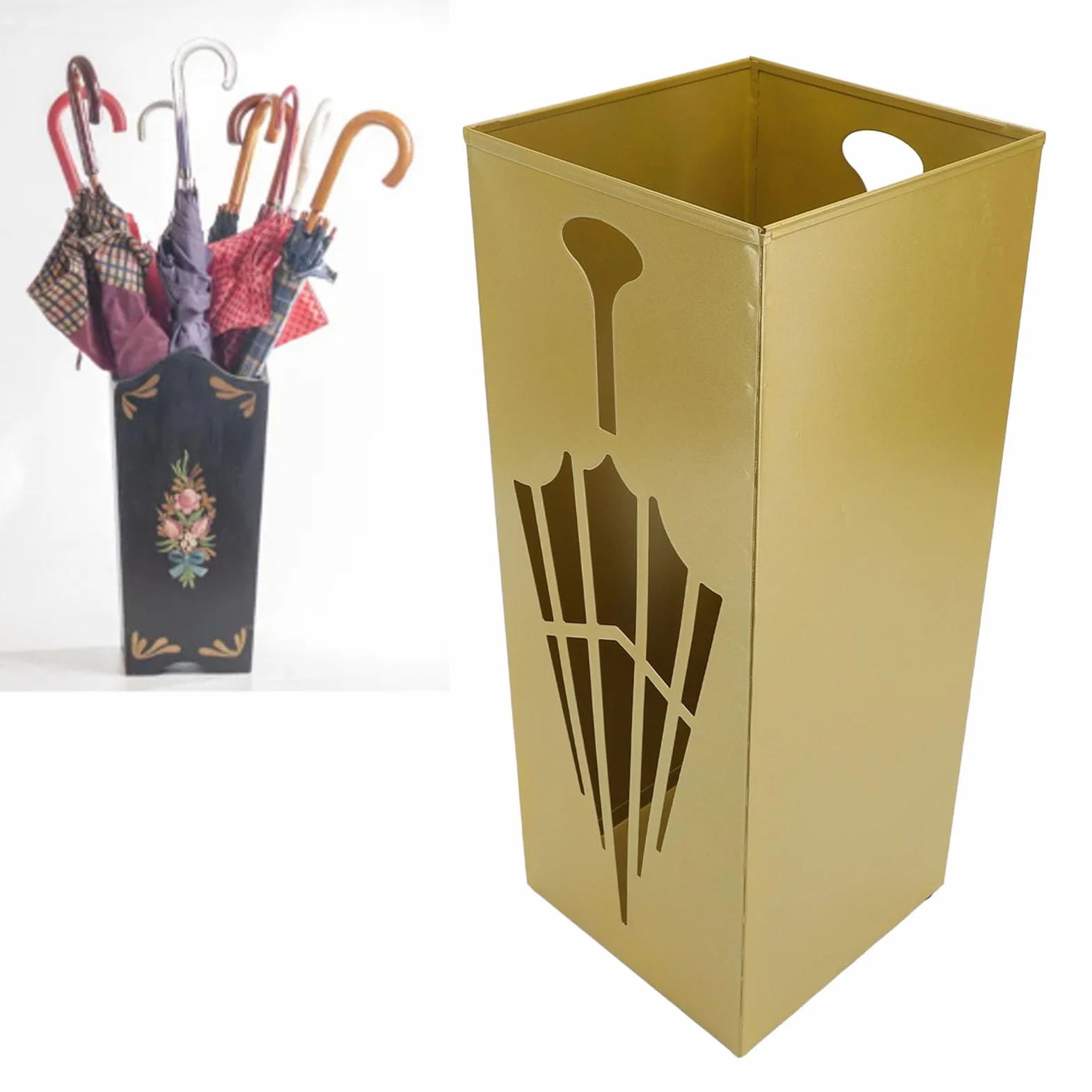 Metalowy Stojak na Parasole, Uchwyt na Parasole do Przedpokoju, Kwadratowy Pojemnik na Organizery Pasuje do Małych i Dużych Parasoli, Idealny do Przedpokoju, Biura, Domu (GOLD)
