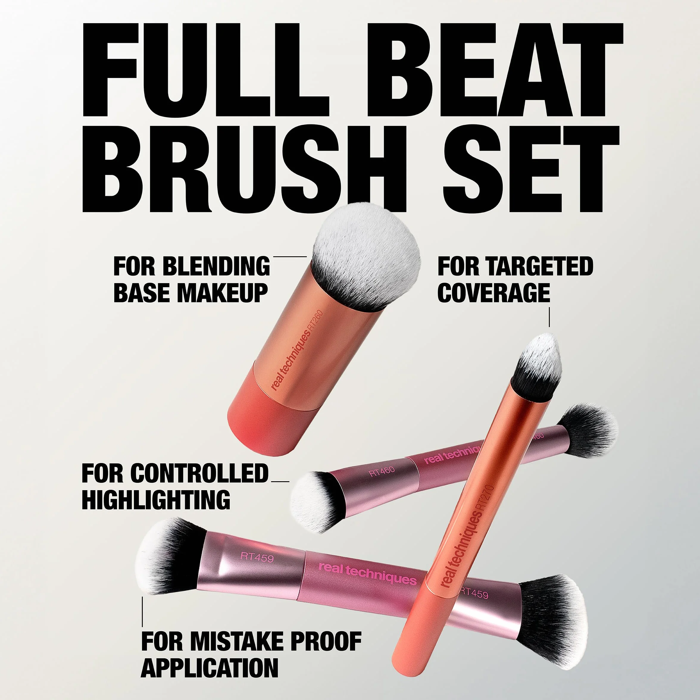 Real Techniques Full Beat zestaw pędzli do makijażu, 4-częściowy zestaw pędzli do podkładu, korektora, różu, konturu, rozświetlania i mieszania proszków, zestaw podróżny, miękkie włosie ultramiękkie, bez okrucieństwa