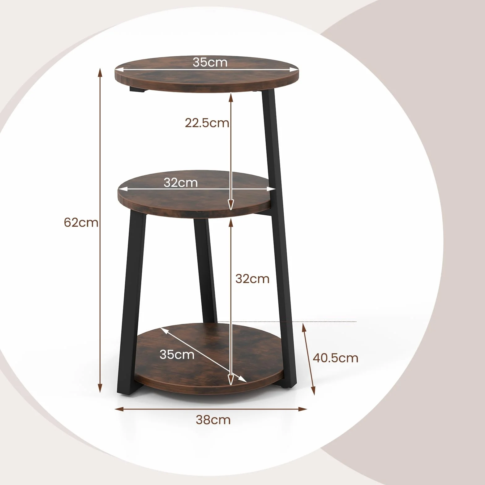Giantex Stolik pomocniczy z 3 poziomami, 62 cm, stolik nocny z 3 półkami z drewna, stolik kawowy z metalową ramą z regulowanymi nóżkami, okrągły stolik pomocniczy, wzornictwo przemysłowe (1)