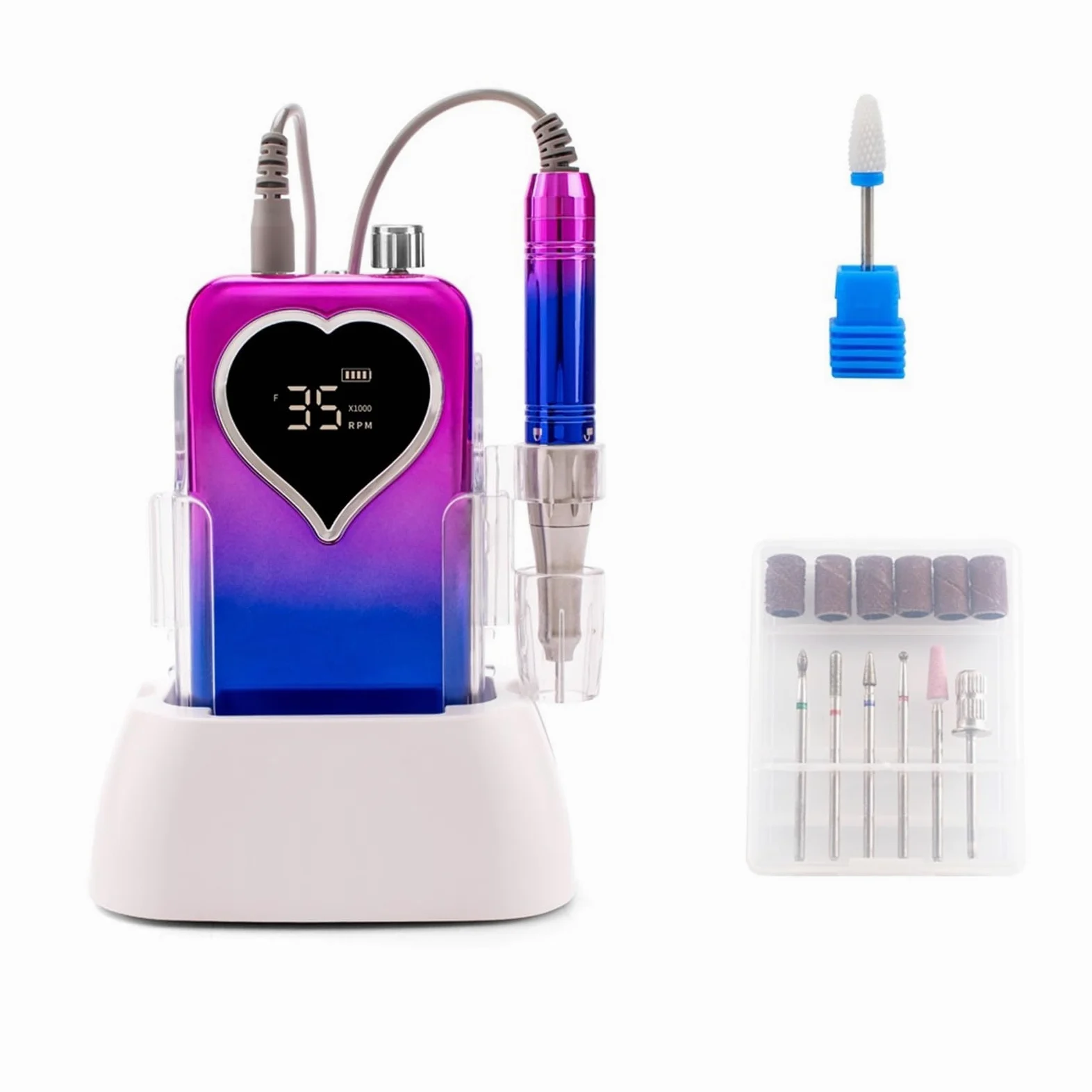 Obcinacz do paznokci, 35000RPM Bezrdzeniowy silnik Przenośna wiertarka do paznokci Manicure Polerowanie Akumulator Bezprzewodowy Mocny z podstawą(Blauw)