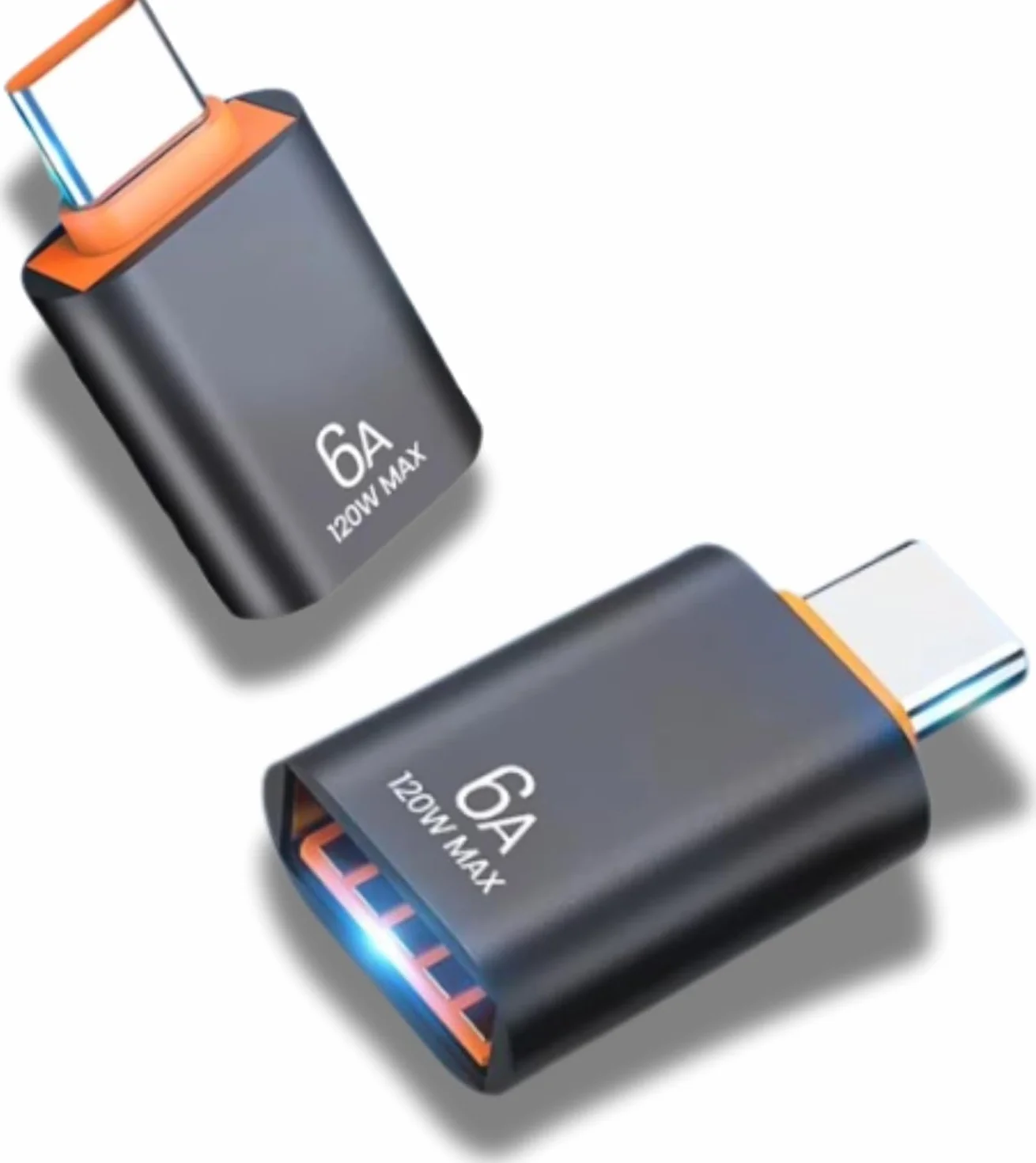 Adapter USB A na USB C 2 Sztuki – 6A 120W Szybkie Ładowanie Transfer Danych – Przejściówka Type C – Ochrona 56KΩ – Czarny Pomarańczowy