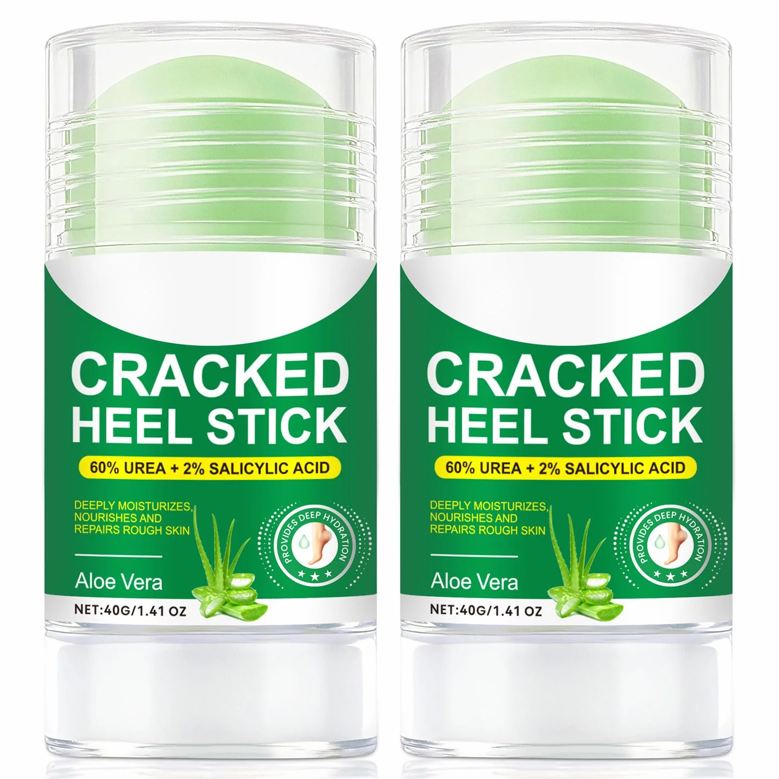 Aloe Vera sztyft do pielęgnacji stóp z 60% mocznikiem, 2-pak – łagodzi suche, popękane pięty, 2% kwas salicylowy, nawilżający balsam do stóp, nawilżający, wegański, nietestowany na zwierzętach