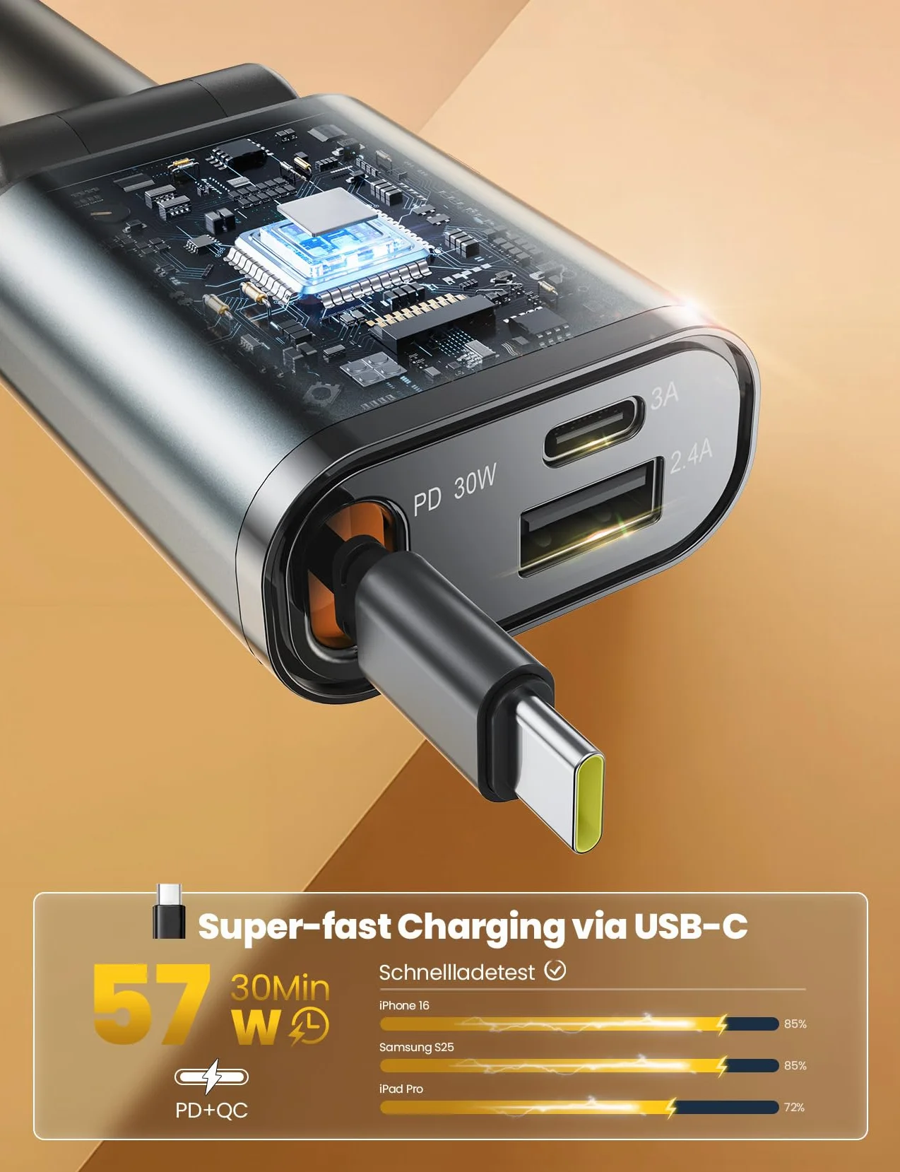 Wysuwana ładowarka samochodowa szybkie ładowanie 3 w 1 adapter 2 chowane kable szybkie ładowanie USB C 57 W adapter samochodowy z wyświetlaczem napięcia kompatybilny z IPhone16/Samsung dla 12V 24V Car