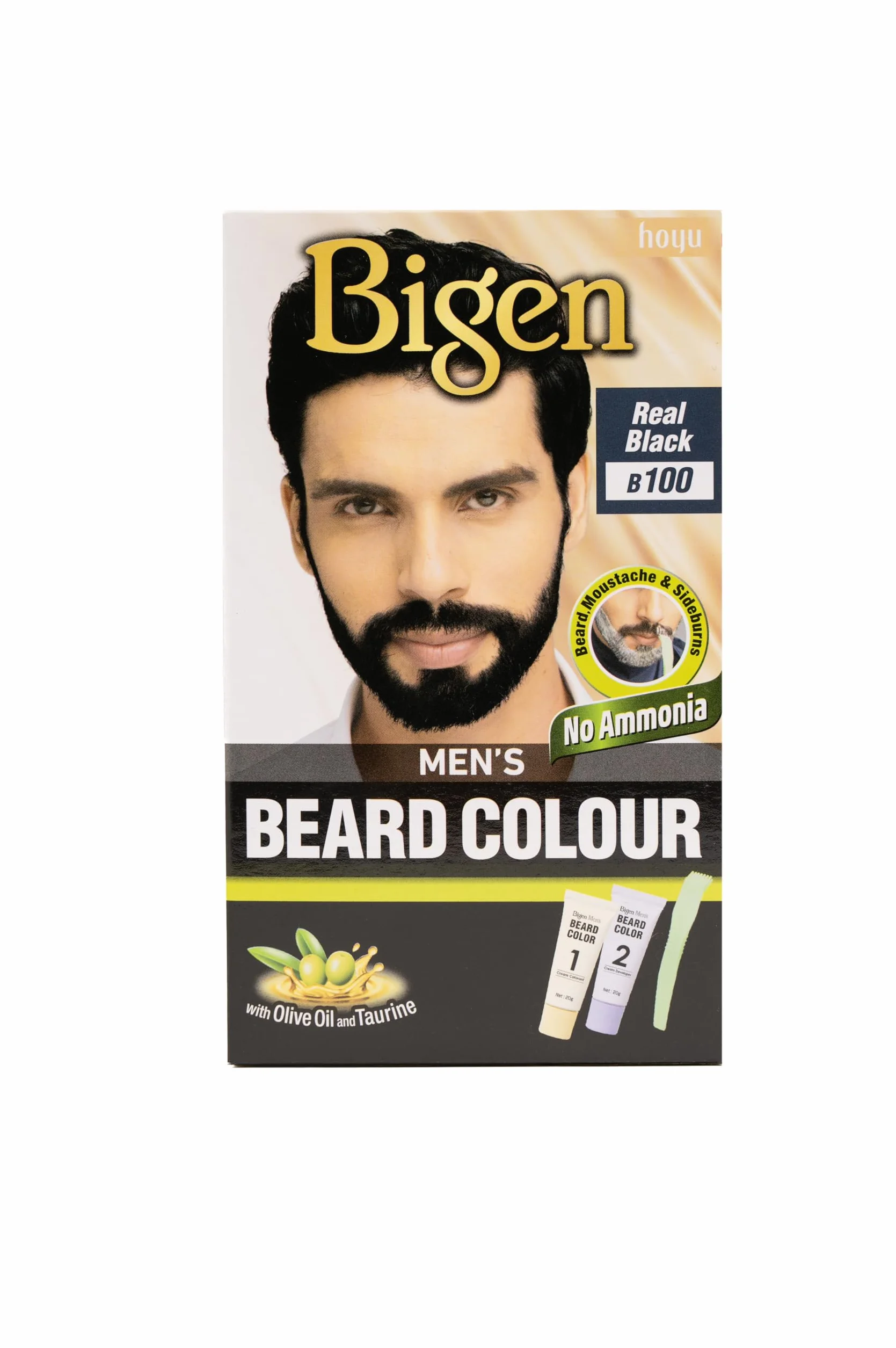 Bigen Beard Colour for Men, nie rozmazuje się, zakrywa szarą brodę w 10 min, bez amoniaku – 100 True Black