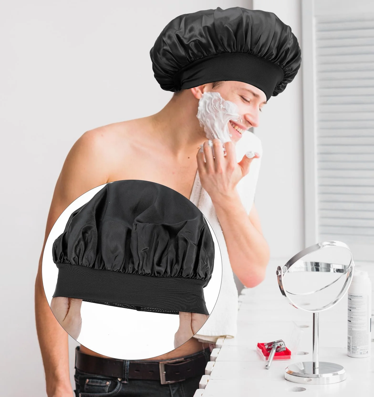 Bonnet Men Bonnet Men regulowane z jedwabiu do naturalnych włosów, miękki dodatek nocny z szeroką taśmą przeciw łamaniu się włosów