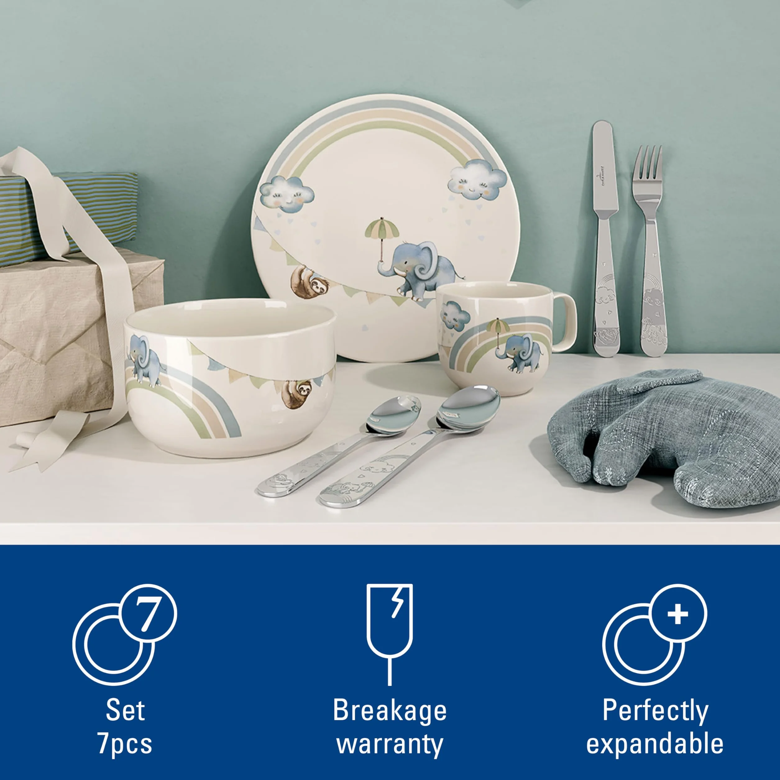 Villeroy & Boch - Boho kids "Walk like an elephant" Komplet naczyń dla dzieci 7 szt.,z porcelany i sztućce ze stali nierdzewnej, Nadaje się do kuchenki mikrofalowej i zmywarki, Wielokolorowy