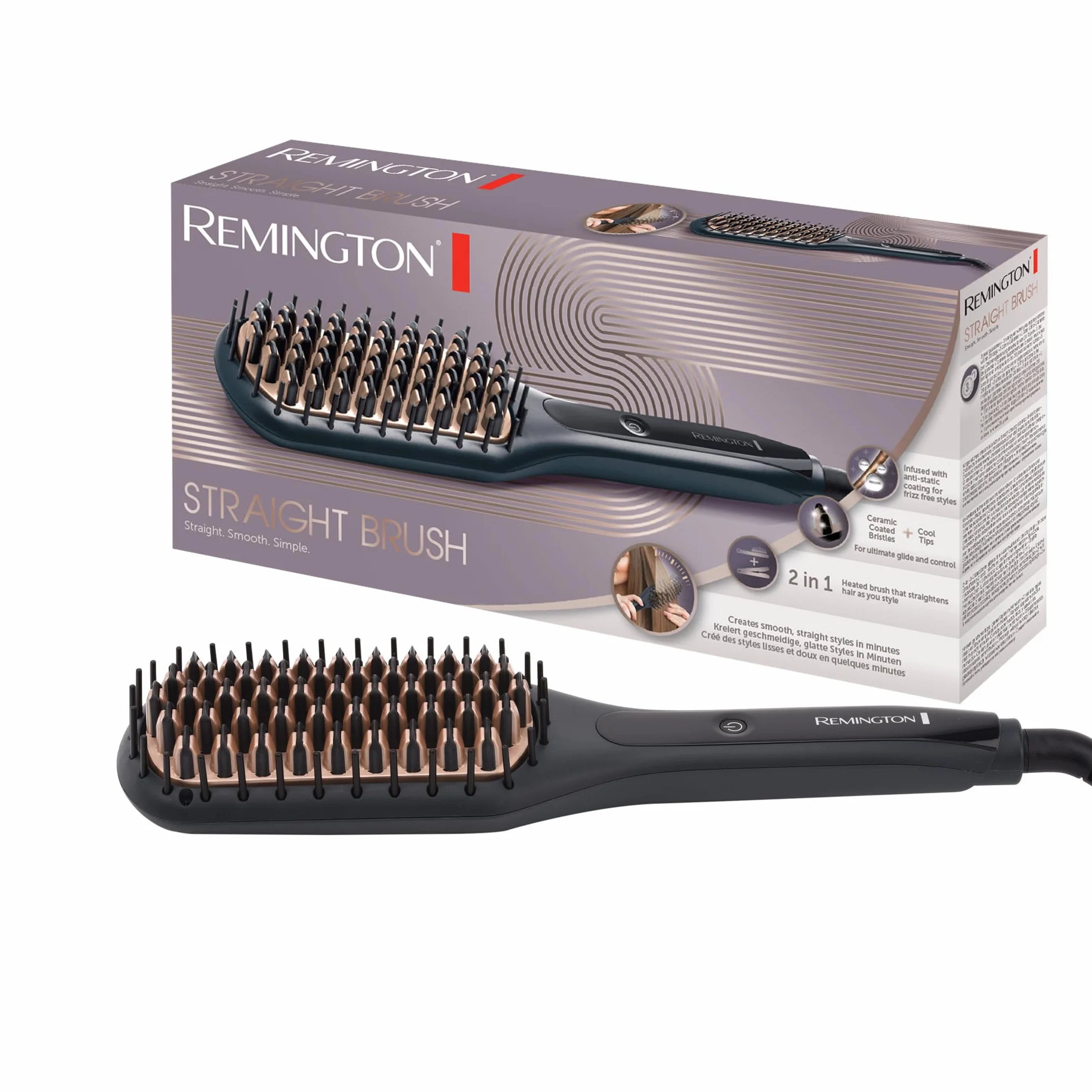Remington szczotka prostująca z jonizacją, ceramiczne włosie z powłoką antystatyczną, 3 ust. temperatury, szybkie nagrzewanie, przewód 1.8m, etui, szara/brązowa, Straight Brush CB7400