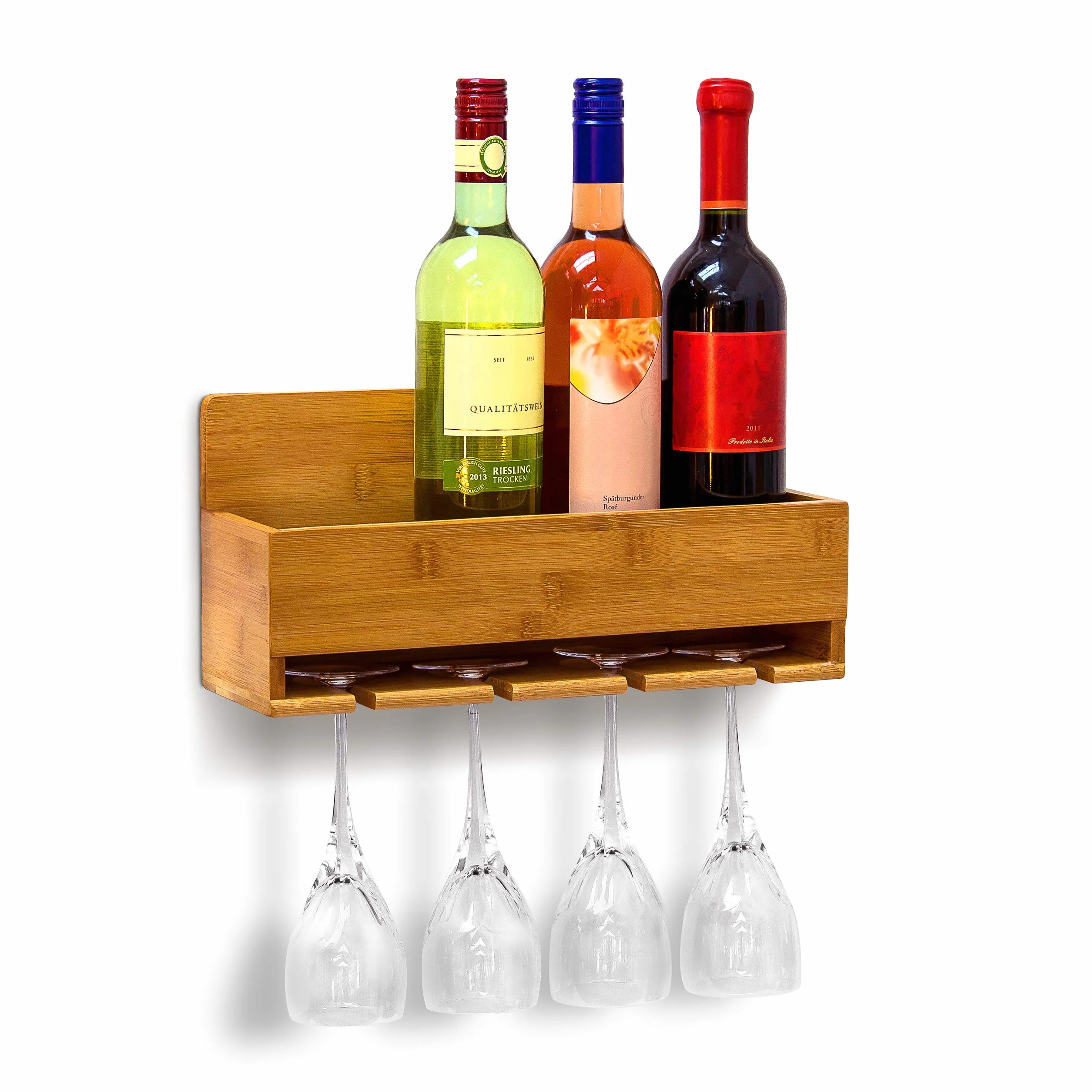 Relaxdays Regał na wino z uchwytem na szkło 17x37x11,5 cm bambus na 4 butelki i 4 szklanki wiszący