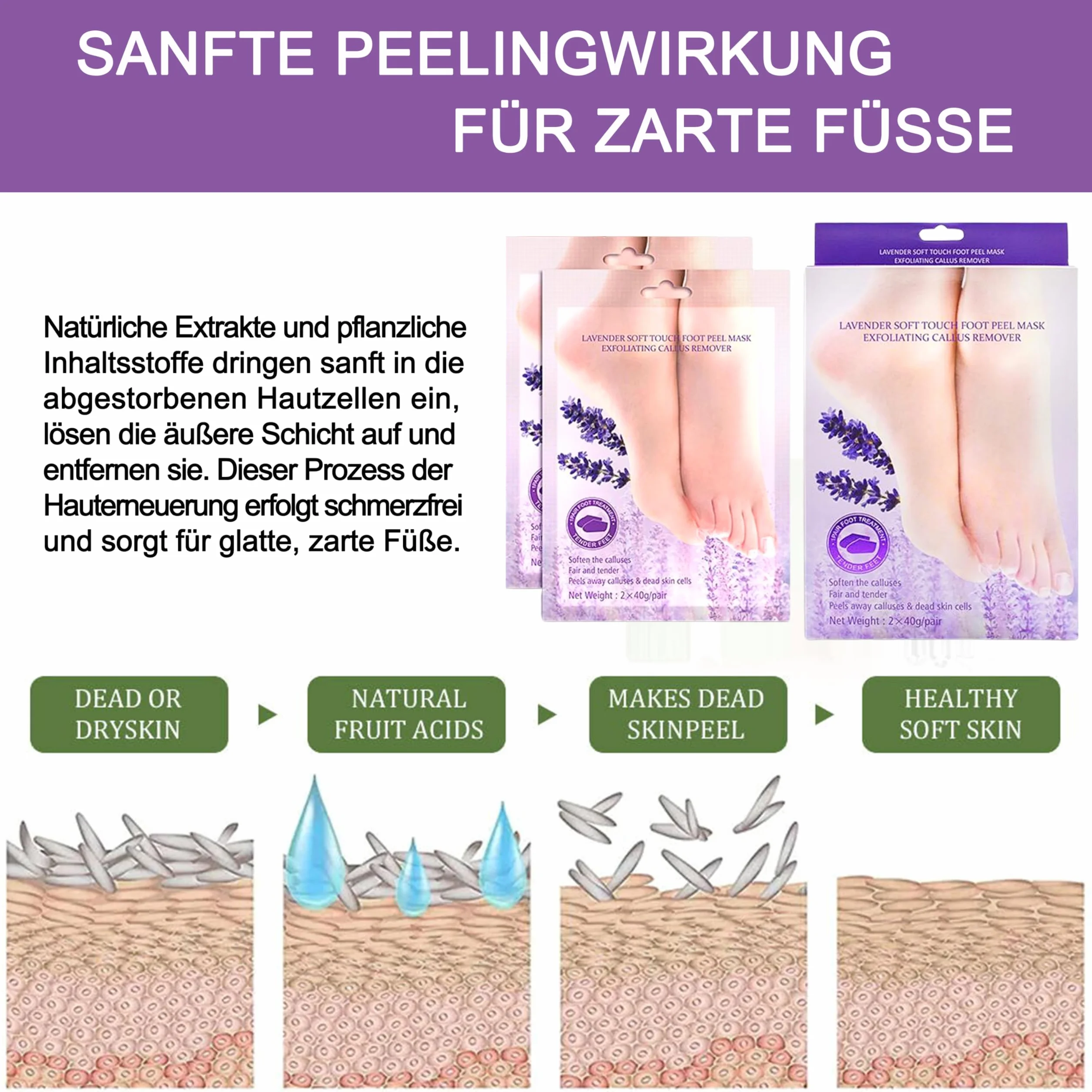 2 pary lawendowych maseczek do usuwania zrogowaciałego naskórka, do usuwania zrogowaciałego naskórka, intensywnie pielęgnująca maska do stóp, peeling do stóp, naturalna i delikatna pielęgnacja stóp,