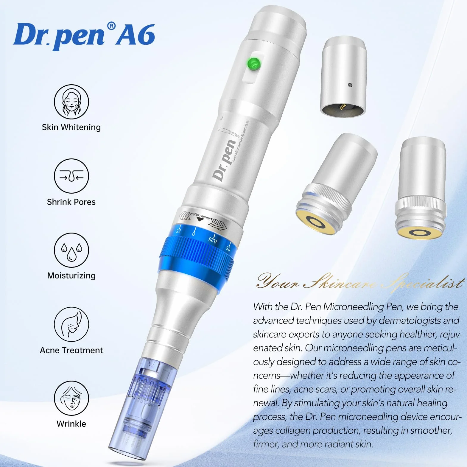 Dr.Pen A6 mikronkowy długopis do twarzy i ciała Mirco Needling Derma Pen do serum blizn z 5 prędkościami, regulowana głębokość, z 2 bateriami zapasowymi i 10 wkładami, 36-pinowa, przewodowa i