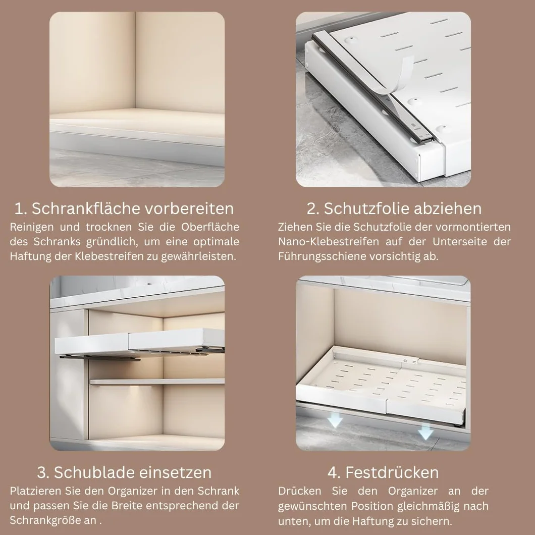 Teleskopowa szuflada kuchenna 42 cm regulowana szerokość 32-50 cm bez wiercenia wysuwana organizer biała