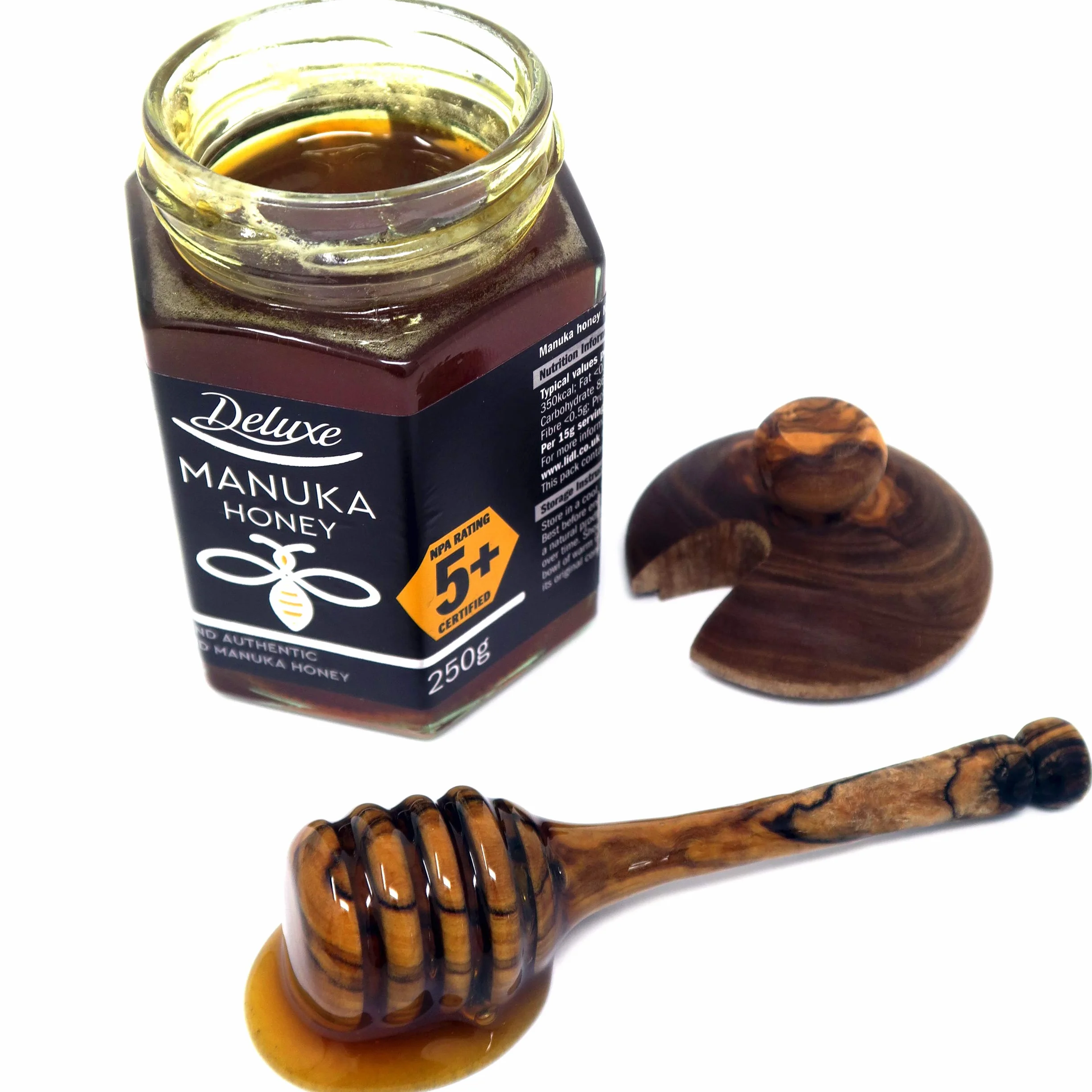 Pojemnik na miód z drewna oliwnego z łyżką, naturalny dozownik miodu z pokrywką, ręcznie robiony, rustykalny
