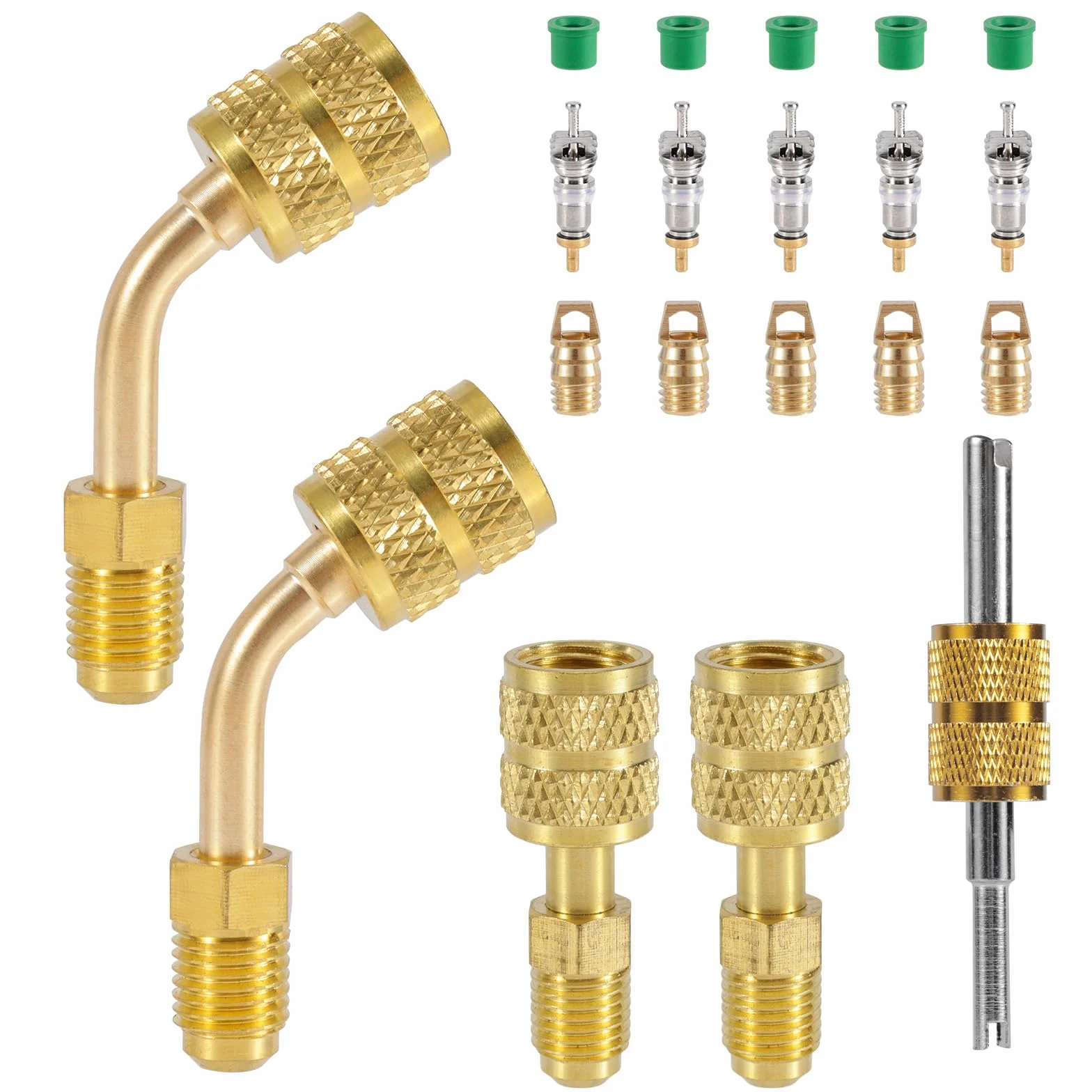 20 szt. Zestaw Adapterów R410A, Adapter R410a Mini Split System Ladowania Portu Prózniowego Adapter 5/16 Zenski 1/4 Meski do Klimatyzacji Chlodnictwa Serwisu HVAC