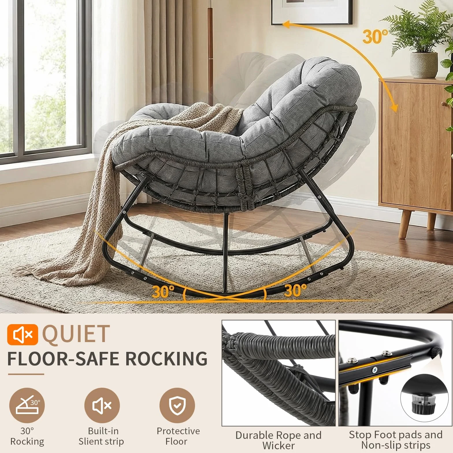 LIFERUN Fotel bujany z rattanu, fotel bujany w kształcie jajka, oversize, z grubą, zdejmowaną tapicerką i metalową ramą, obciążenie 150 kg, fotel do ogrodu, na balkon, do salonu, szary