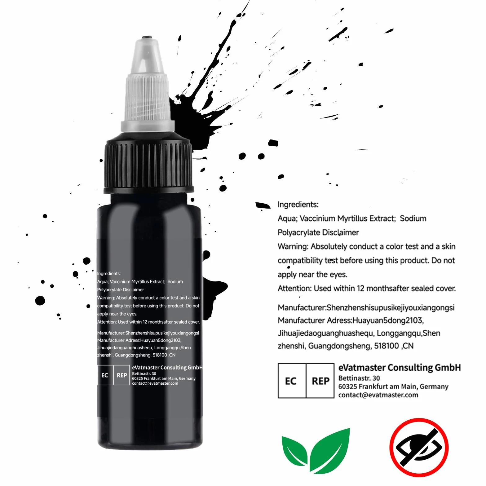 Sugeru® Kolor tatuażu Black – tusz do tatuażu, 30 ml, przyjazny dla wegan, tusz do tatuażu, kolor czarny, trwały kolor, profesjonalny tusz do tatuażu dla artystów tatuażu