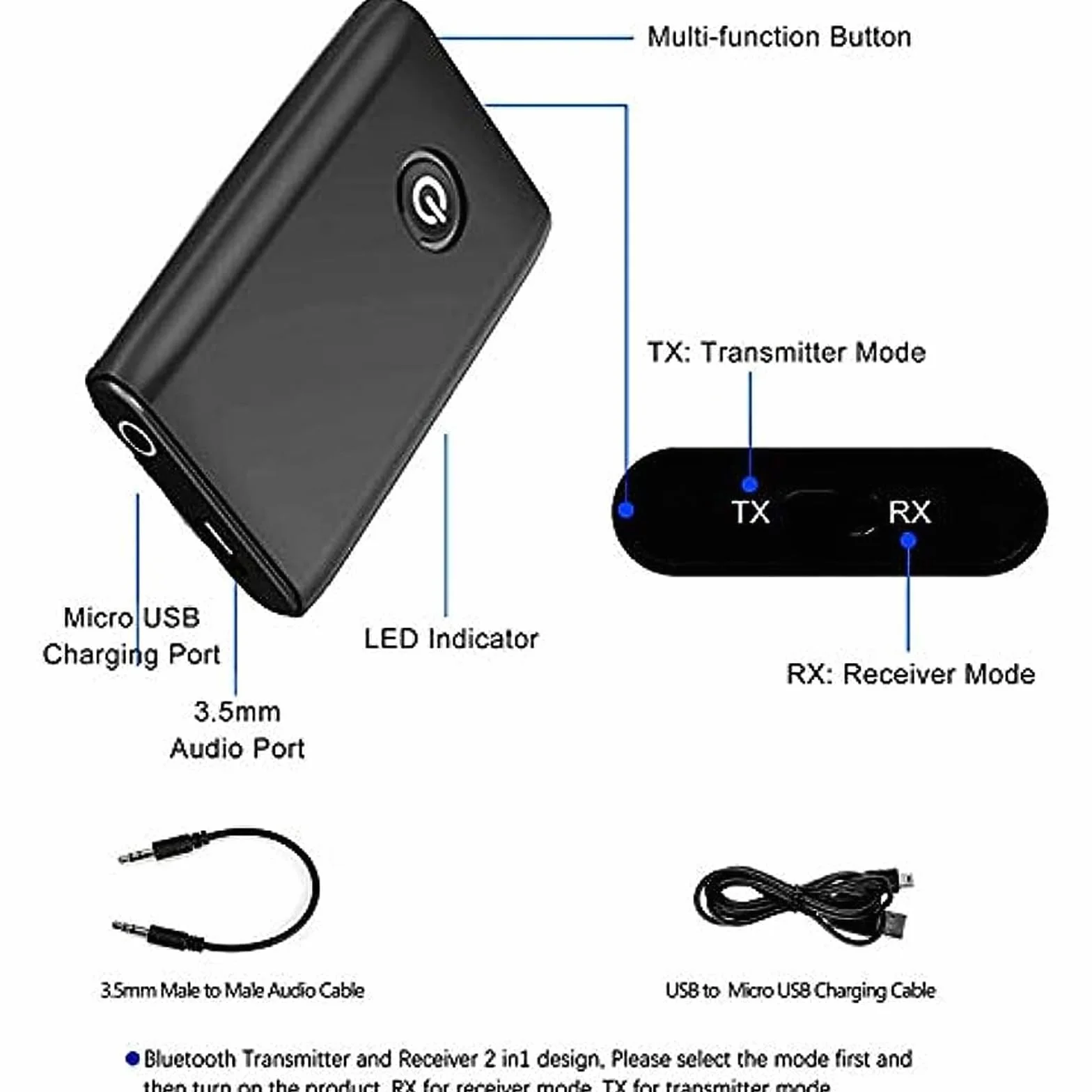 Adapter Bluetooth 2 w 1, adapter Bluetooth Audio 5.3, transmiter, odbiornik z kablem audio 3,5 mm do TV/PC/zestawu stereo/ MP3/MP4, nadajnik bezprzewodowy 2 w 1