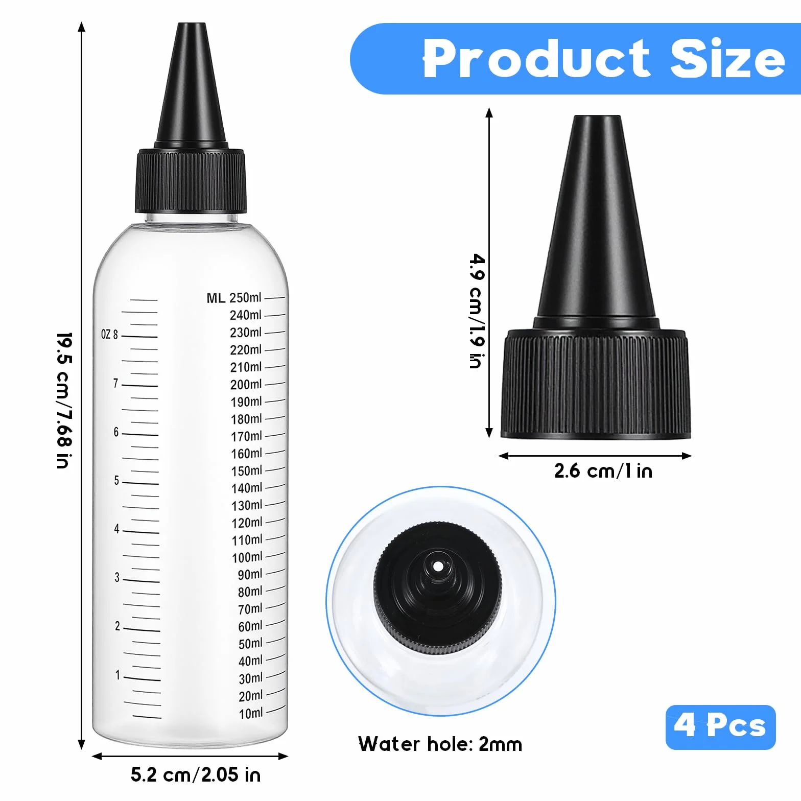 4 butelki do wyciskania 250 ml, aplikator, butelka do włosów, z tworzywa sztucznego, ze skalą i zakrętką, butelki na sosy do farbowania nasady, olejku do włosów lub przypraw, ocet