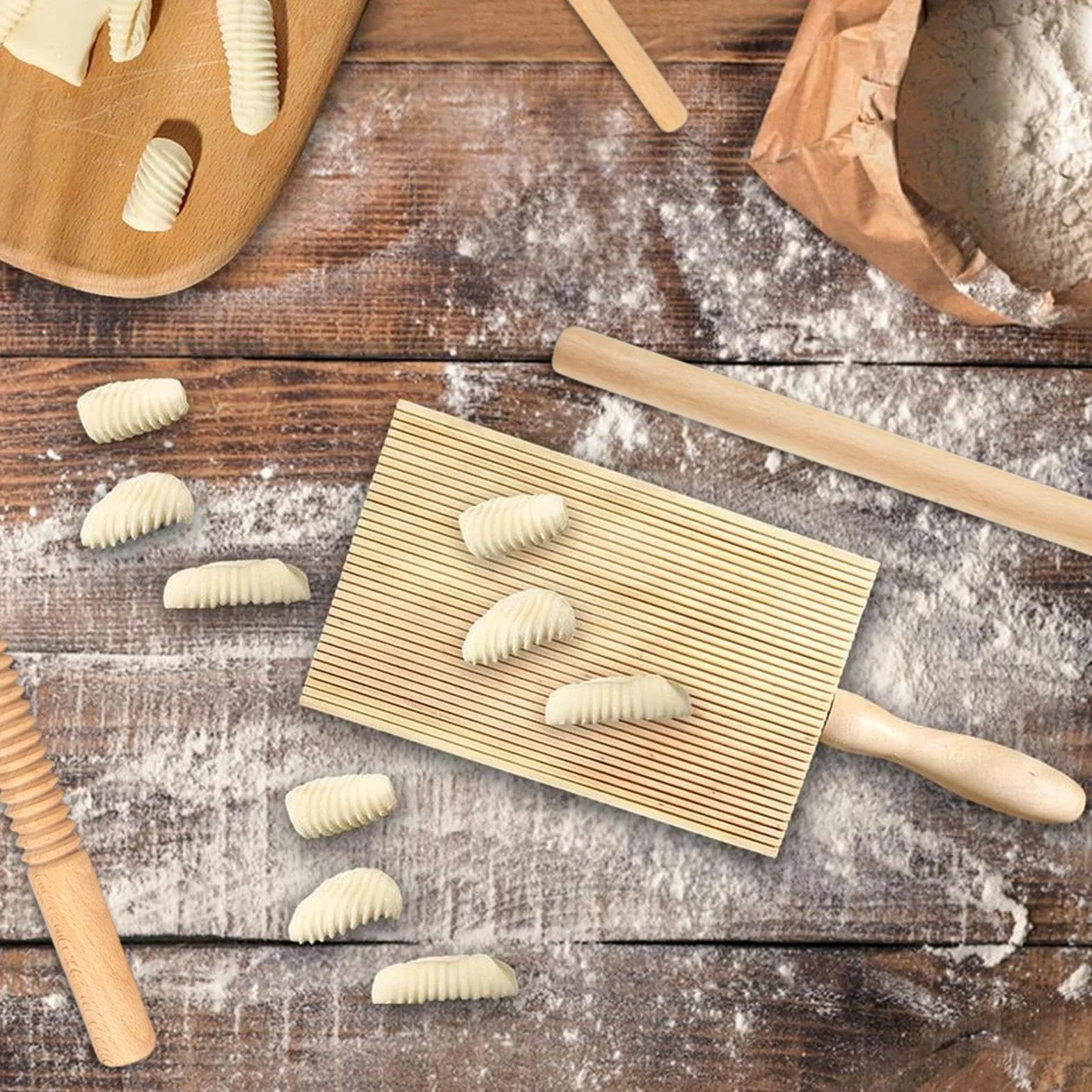 Pasta Making Kit, Wooden Threaded Rolling Pin Board, 8X Dumpling Maker Ravioli Stamp, Making Accessories for Spaghetti, Noodles, Lasagnette, Authentic Homemade Pasta Tools