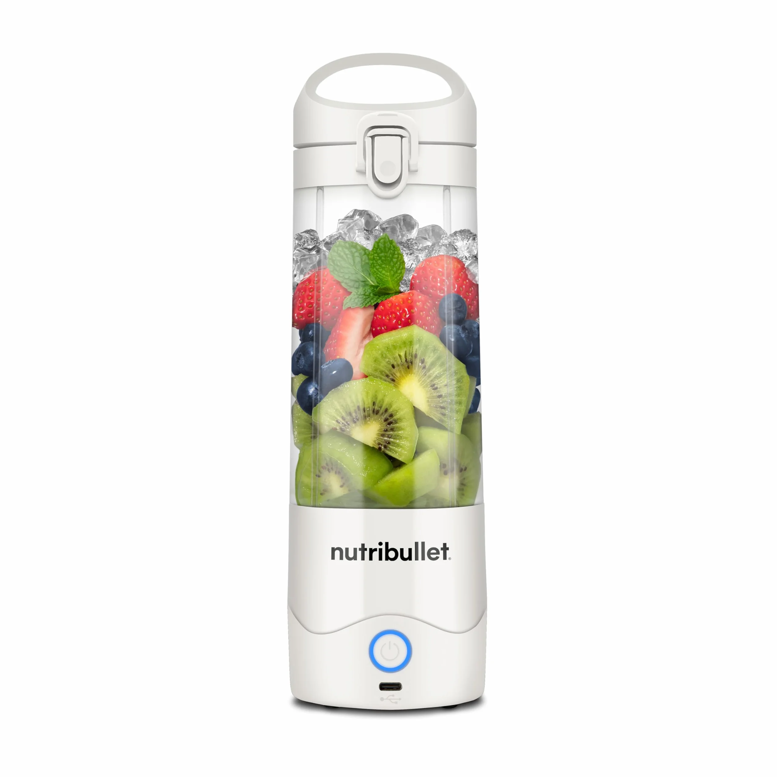 Nutribullet Lekki Przenośny Blender, 475 ml bez BPA Tritan, Mini Blender, 4-Stronne Ostrze ze Stali Nierdzewnej, Wielofunkcyjny, Ładowarka USB-C, ponad 15 Cykli Mieszania, Biały, NBP003W