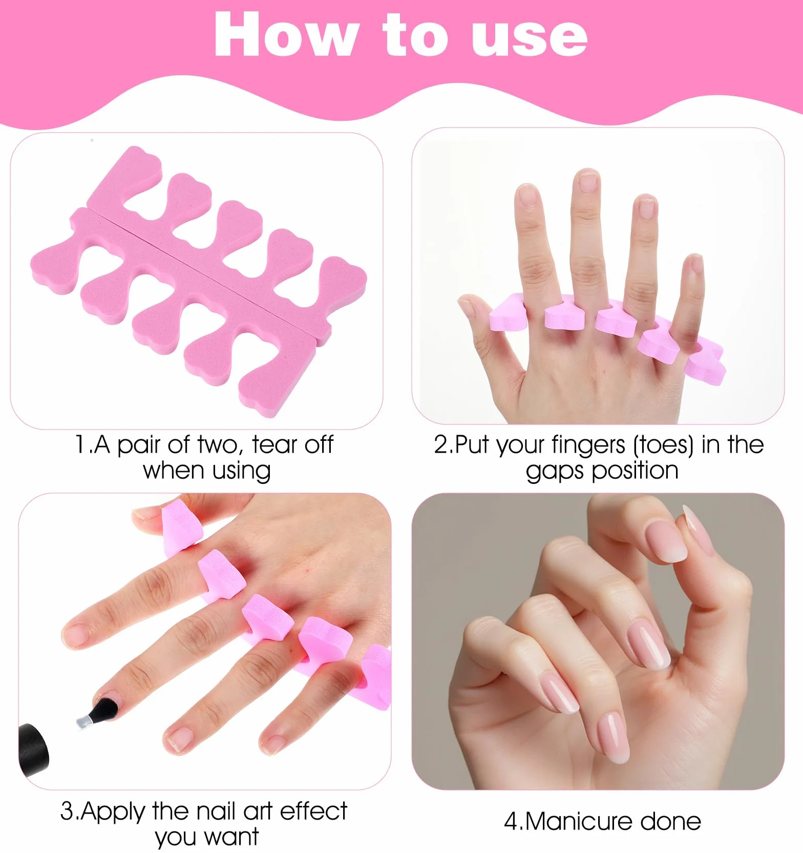24 sztuki separatorów palców, lakier do paznokci, miękka pianka, separatory palców, antypoślizgowe podkładki dystansowe do manicure, komfortowe, różowe