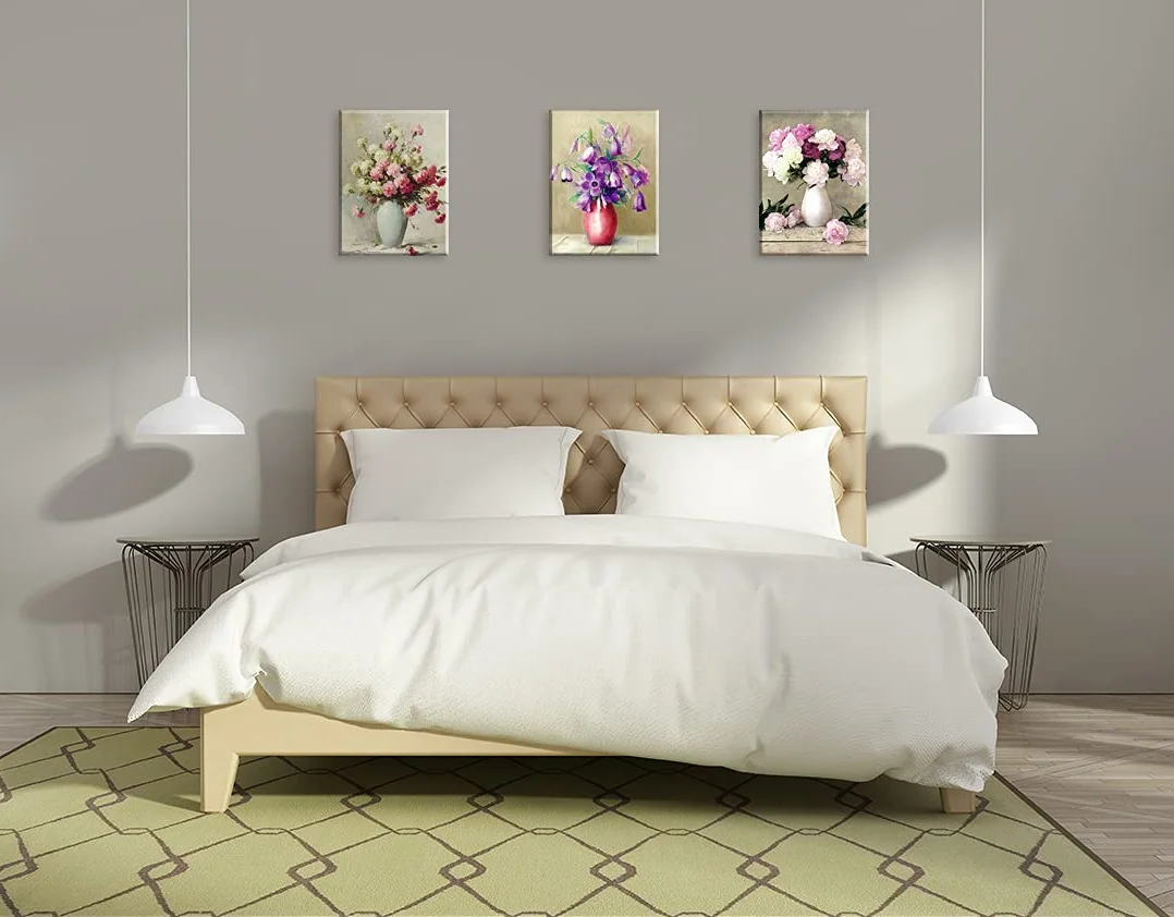 Piy Painting 3-częściowy zestaw kwiatów w wazonie, druk artystyczny na płótnie, miękkie kwiaty, akwarela, nowoczesny druk na płótnie, z ramą klinową, sztuka ścienna, dekoracja ścienna do domu,