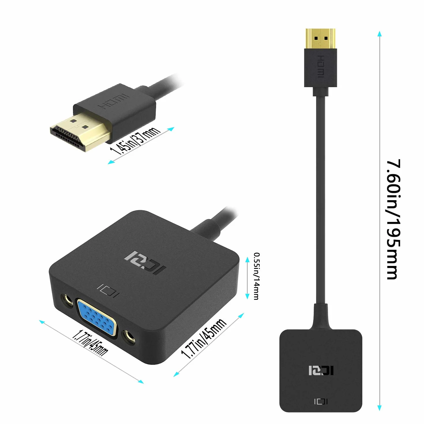 ICZI Adapter HDMI na VGA 1080p 60Hz HDTV HDMI wtyczka do gniazda VGA, konwerter do PC, laptopa, Chromebook, Raspberry Pi, TV i wielu innych - 2 Pakiety