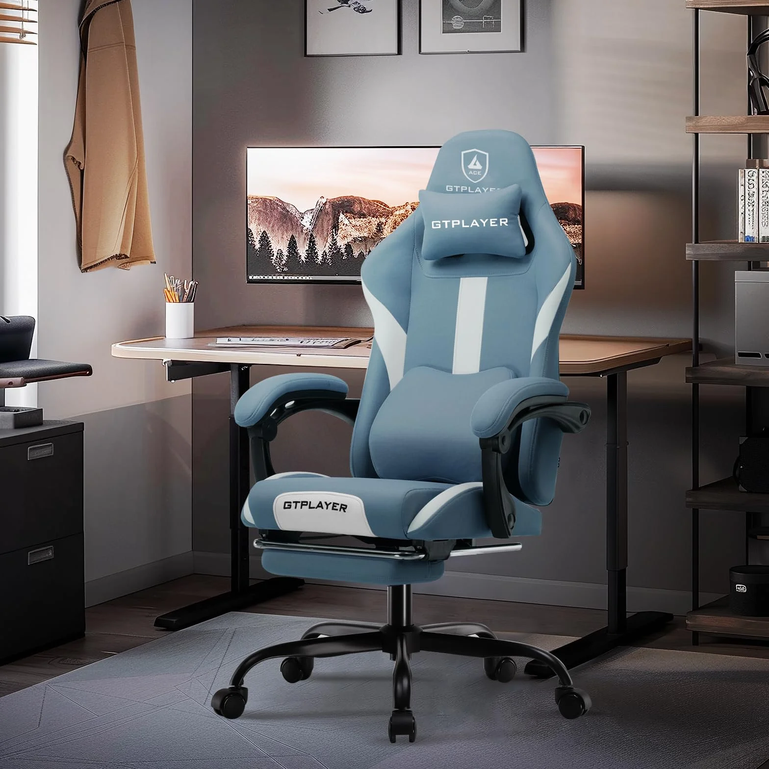 GTPLAYER Fotel Gamingowy Ergonomiczny Regulowany Obrotowy z Podnóżkiem Niebieski