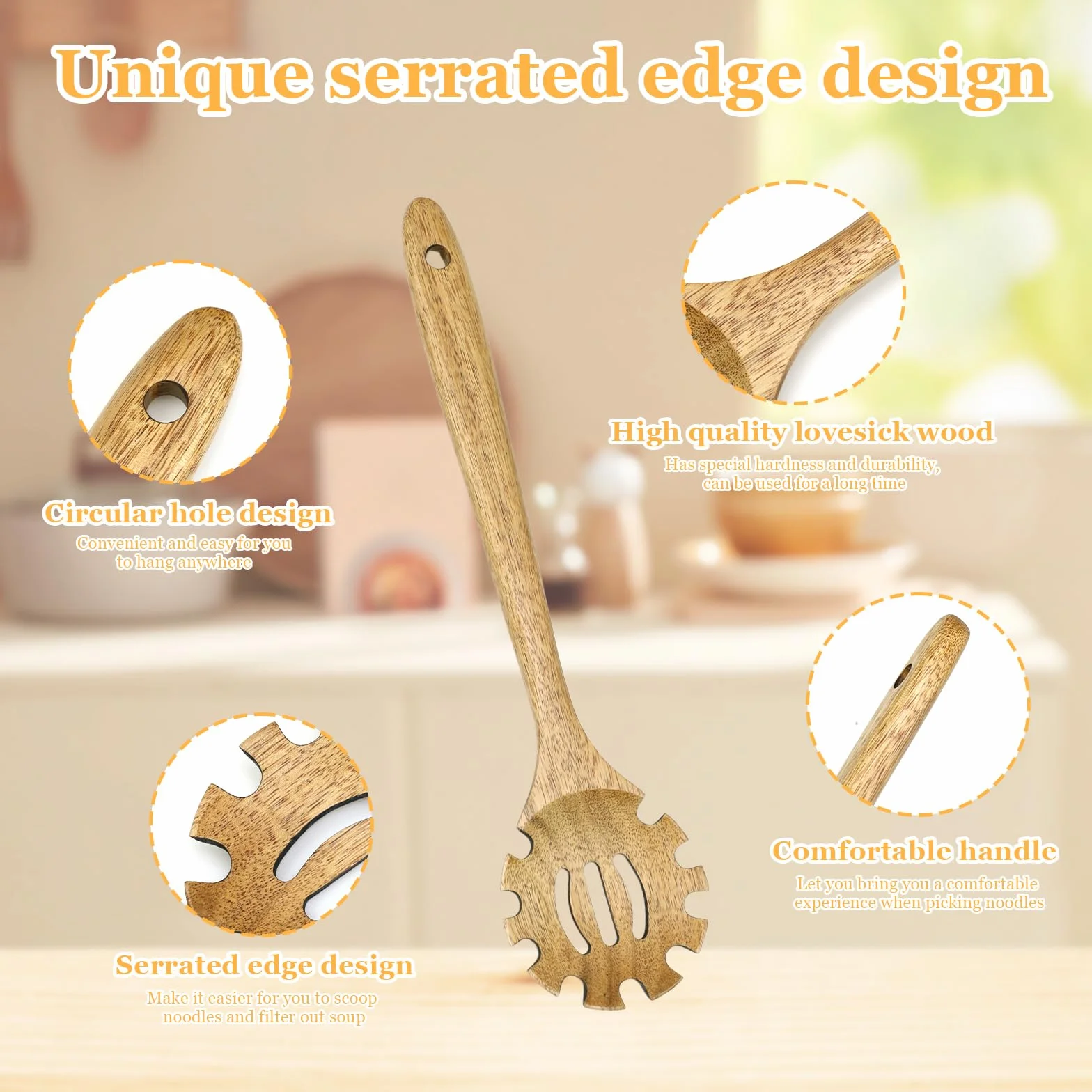 LINTRA Łyżka do makaronu 33 cm z zębami, drewniane szczypce do spaghetti