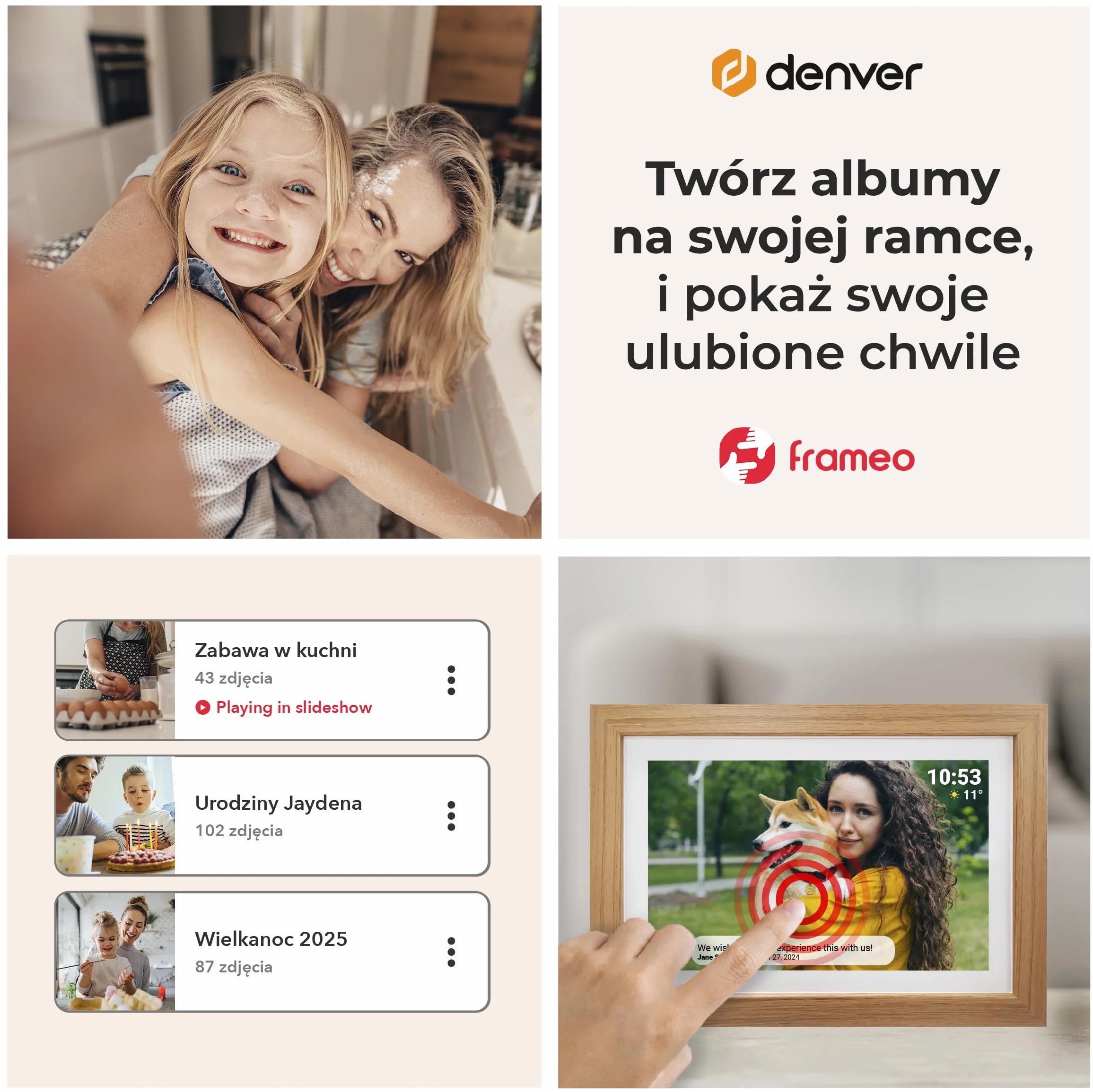 Denver Cyfrowa ramka na zdjęcia 10,1 cala HD - elektroniczna ramka na zdjęcia - ramka na zdjęcia - aplikacja Frameo - ekran dotykowy IPS - 16 GB - PFF1042LW - drewno