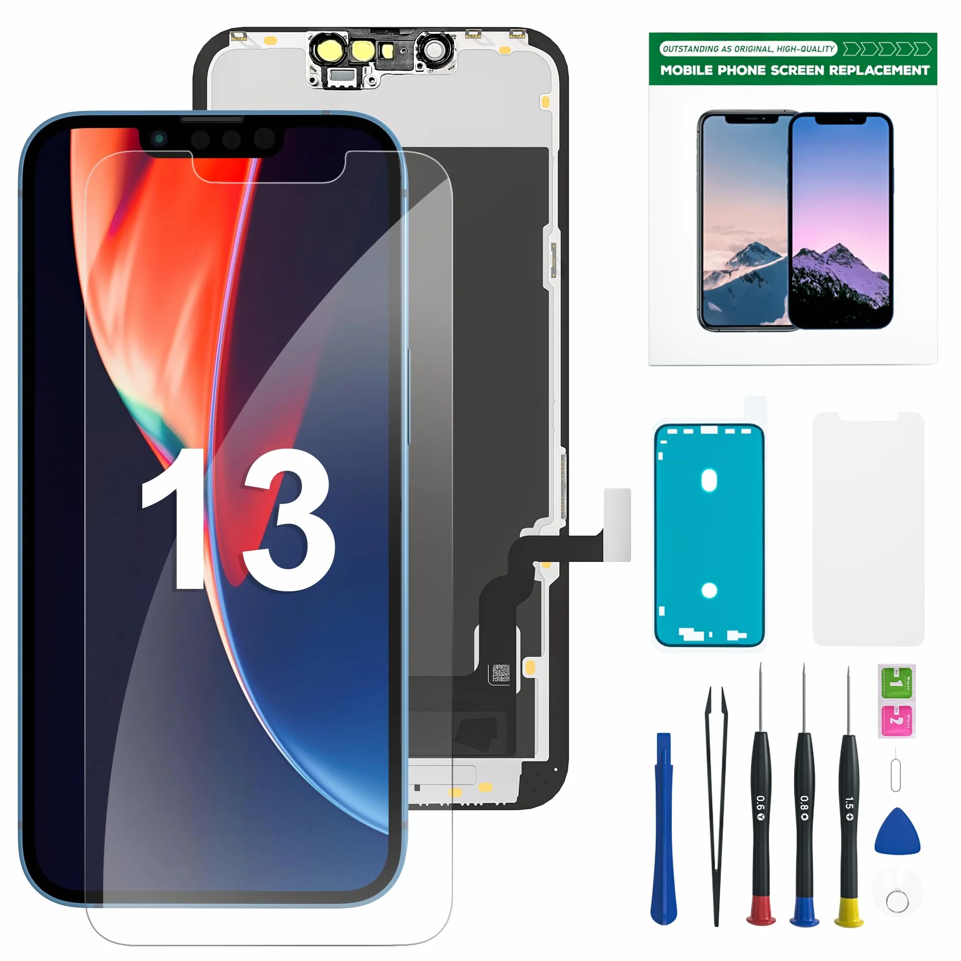Ekran dotykowy LCD iPhone 13, ekran dotykowy Digitizer Assembly z kompletnym zestawem naprawczym + ochraniacz ekranu + wodoodporny klej