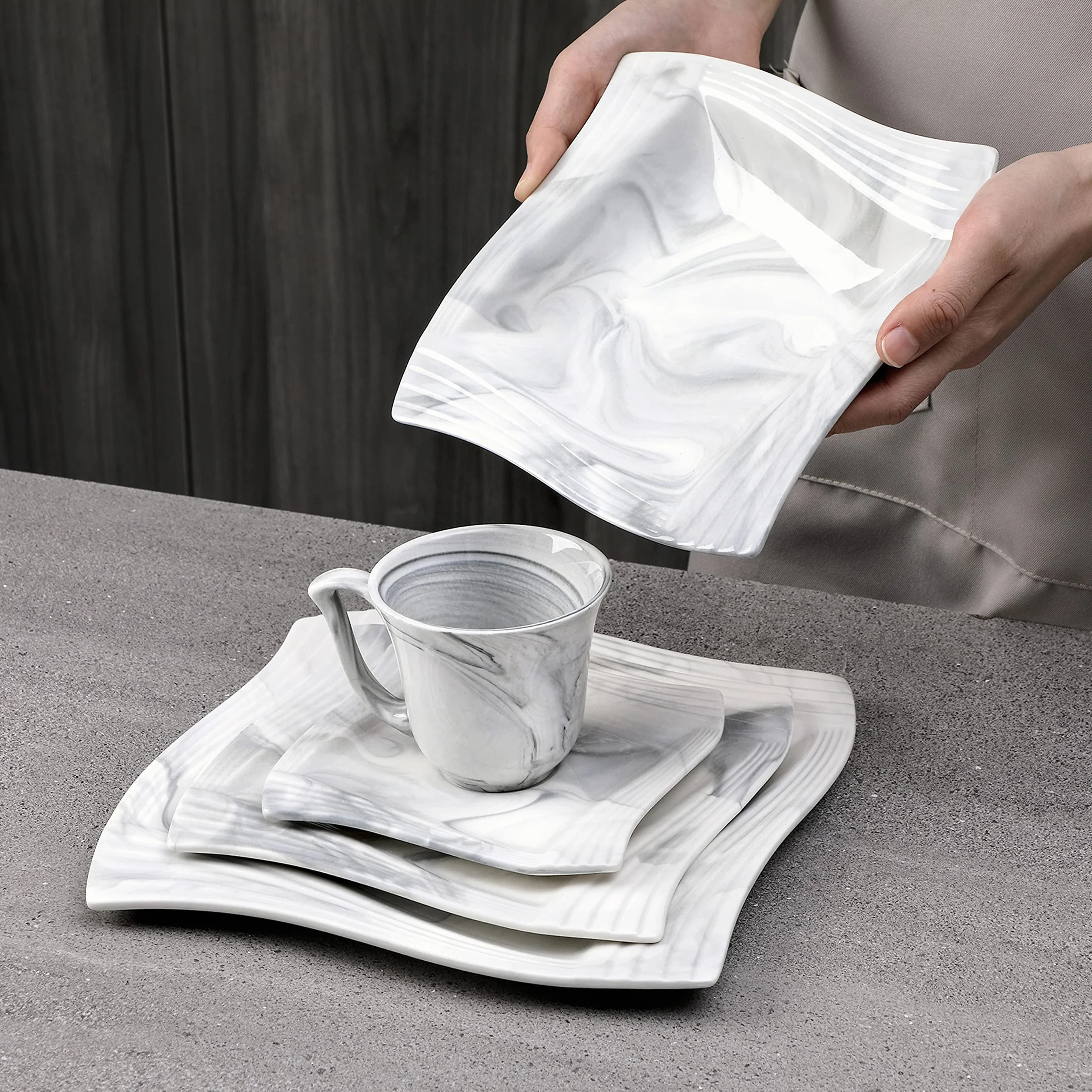 MALCASA Amparo 3-częściowy zestaw naczyń porcelanowych marmurowy szary dla 6 osób