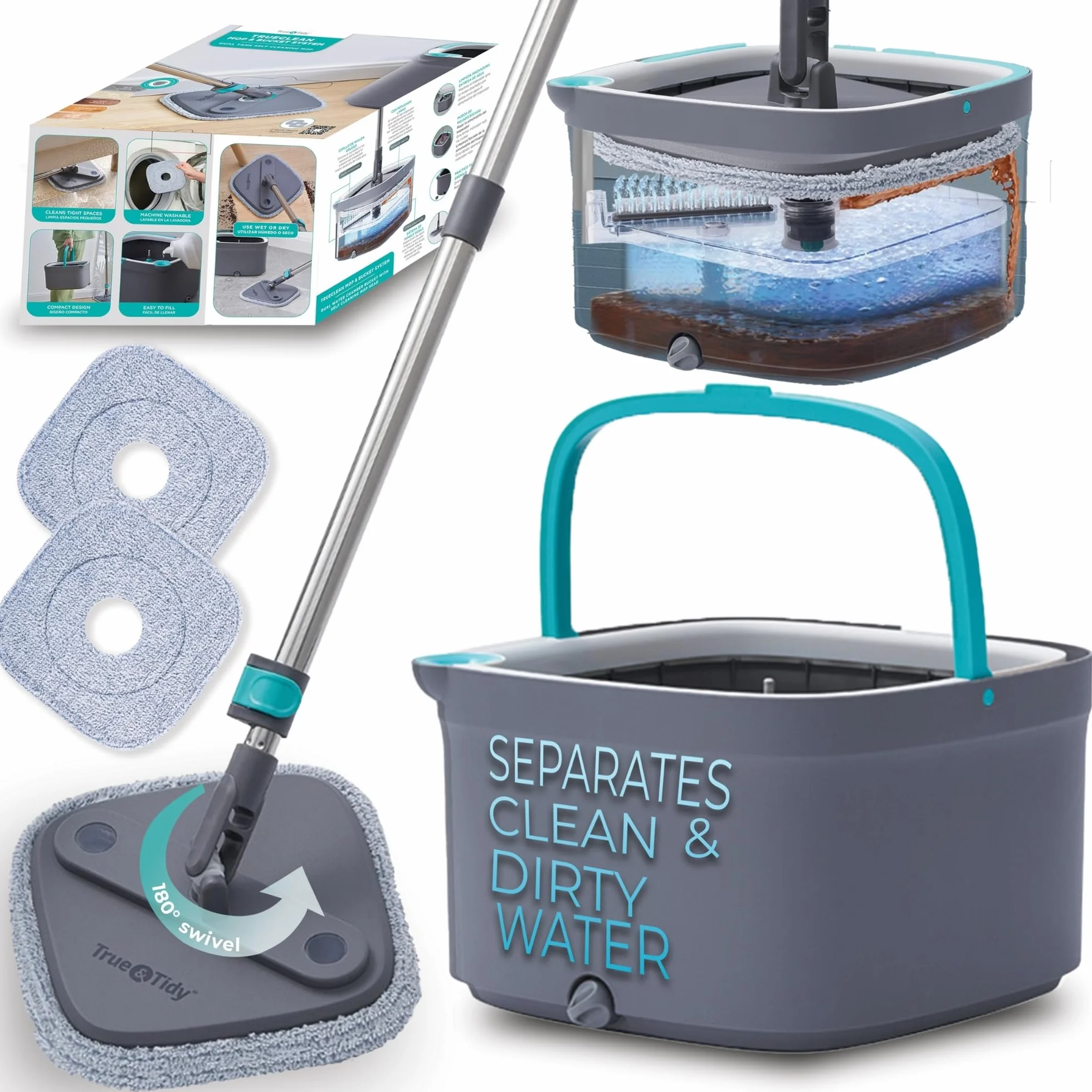 True & Tidy, True Clean Spin Mop i system wiadra, zawiera mop obrotowy, dwukomorowe wiadro do mopa i 2 grube zmywalne podkładki do mopa z mikrofibry, SPIN-800A, szary.