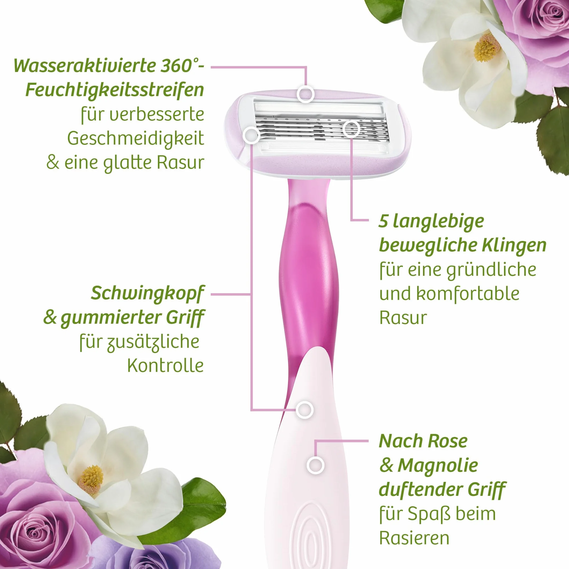 BIC Soleil Escape Maszynka do strzyżenia dla kobiet, różowo-magnolia, z 5 liśćmi i opaską nawilżającą z olejkiem migdałowym, 3 szt