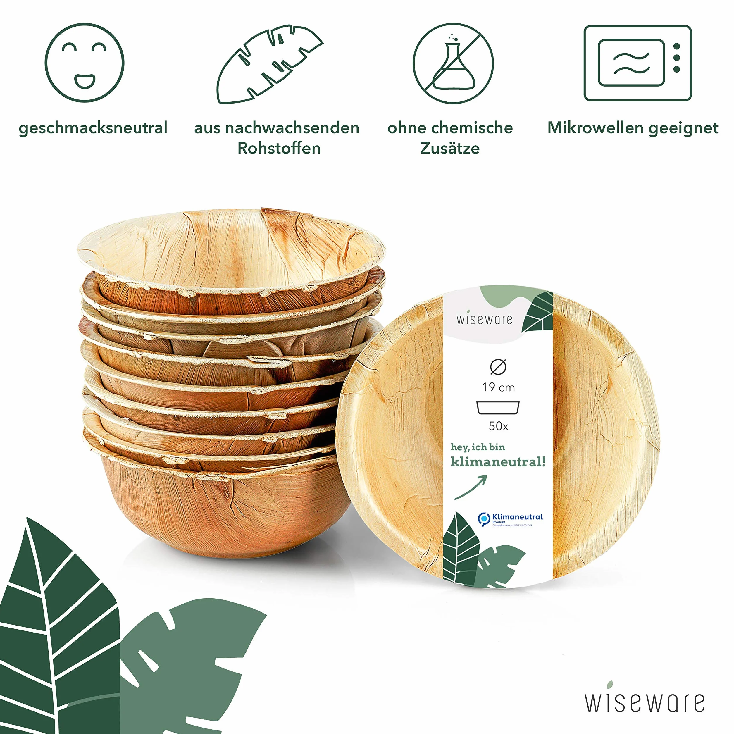 Wiseware Miska z liści palmy 50 sztuk 750 ml Ø 19 cm biodegradowalne kompostowalne naczynia jednorazowe