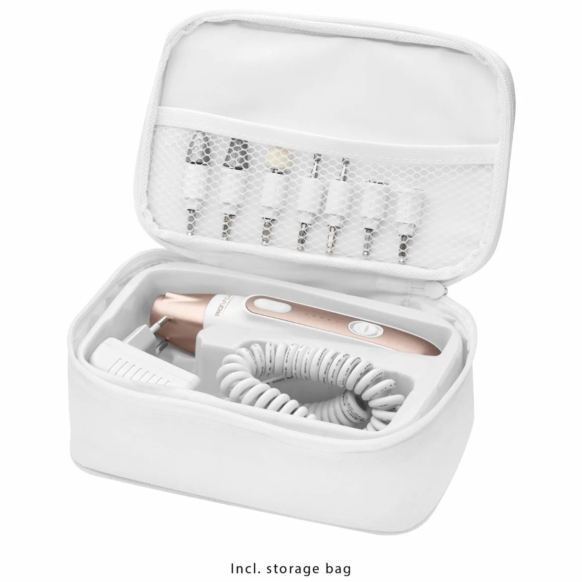 ProfiCare PC-MPS 3004 elektryczny zestaw do manicure/pedicure z 7 końcówkami do pielęgnacji paznokci, 5 poziomami, światłem LED i poręczną torbą do przechowywania