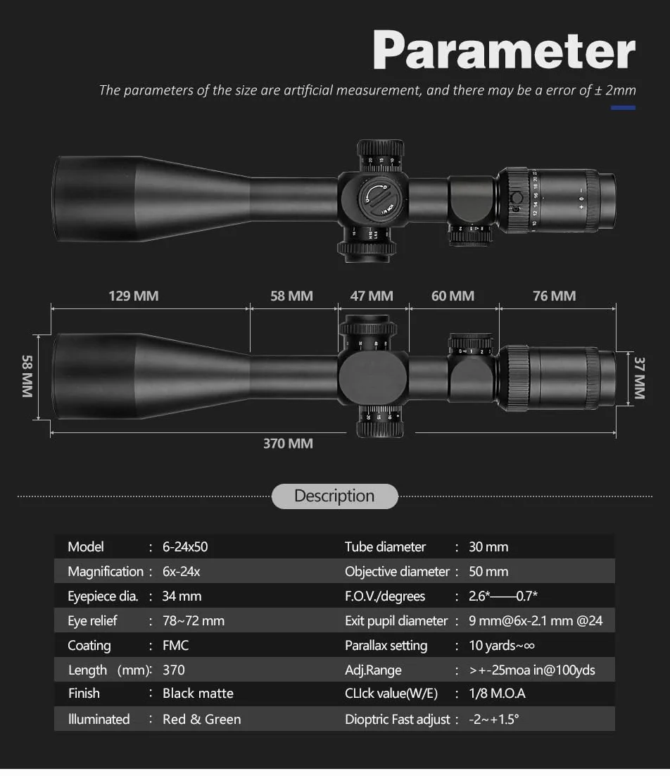 SPINA OPTICS 6-24x50 FFP First Focal Plane Rifleskopy z celownikiem Mil-Dot i regulacją paralaksy, osłona przeciwsłoneczna w zestawie, wodoodporna, przeciwmgielna czarna luneta celownicza, rurka 30 mm