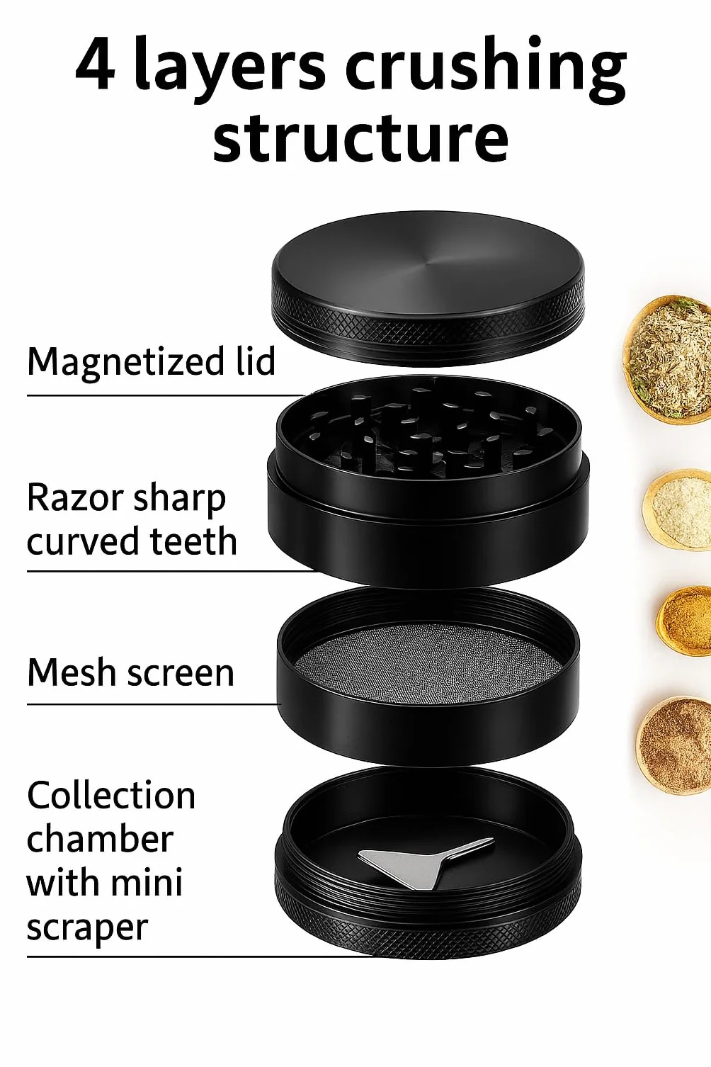 High Mc Fly Pocketgrinder Maxi Ø 40 mm, 4-warstwowy, młynek do tytoniu, młynek do przypraw i młynek do ziół ze szczotką do czyszczenia (czarna)