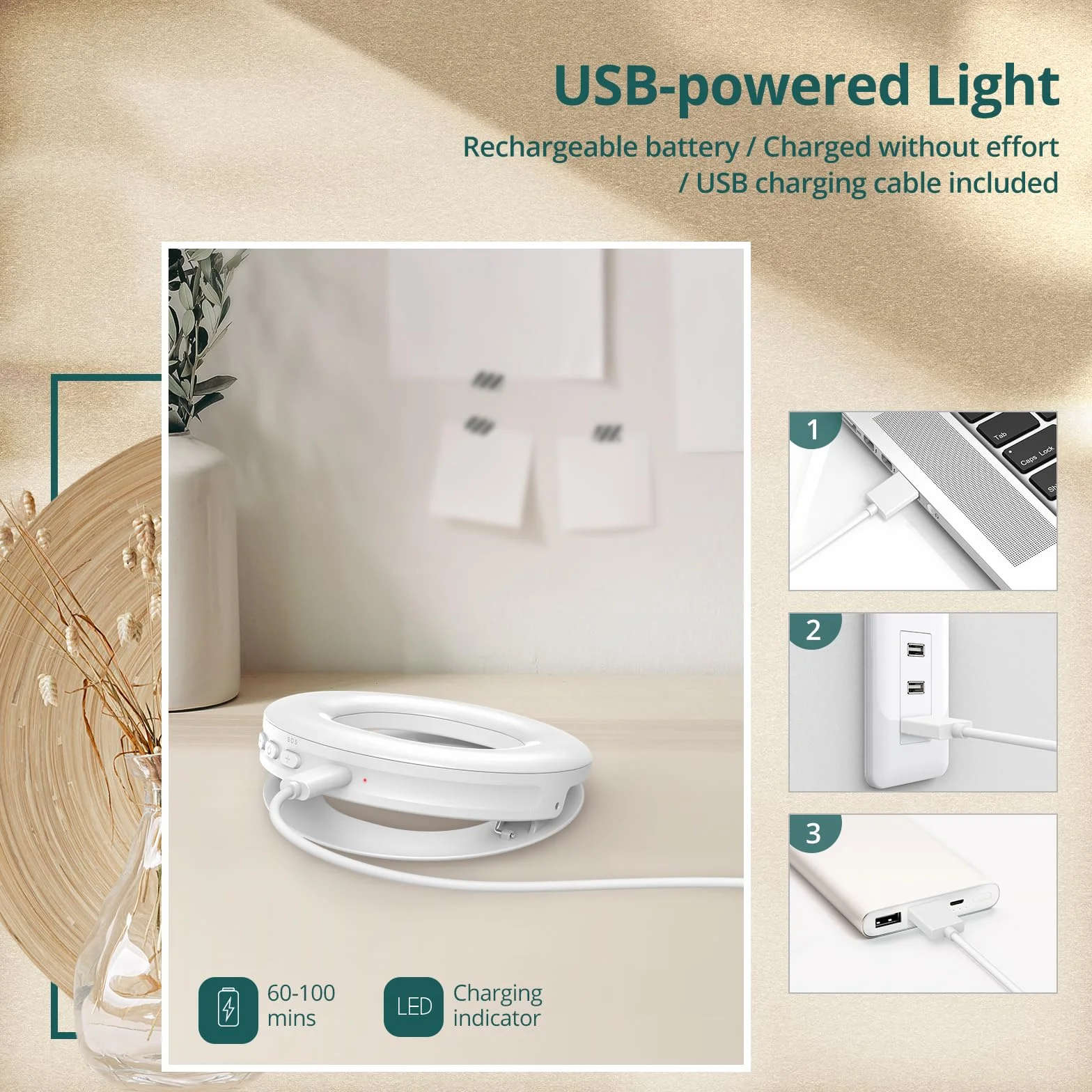 ATUMTEK Selfie Ring Light do Telefonu z 3 Temperaturami światła, Przenośna ładowalna Lampa Pierścieniowa z Klipsem z 48 Diodami LED do Komórkowego, Laptopa, Zoom, Makijażu, Połączeń Wideo, Selfie