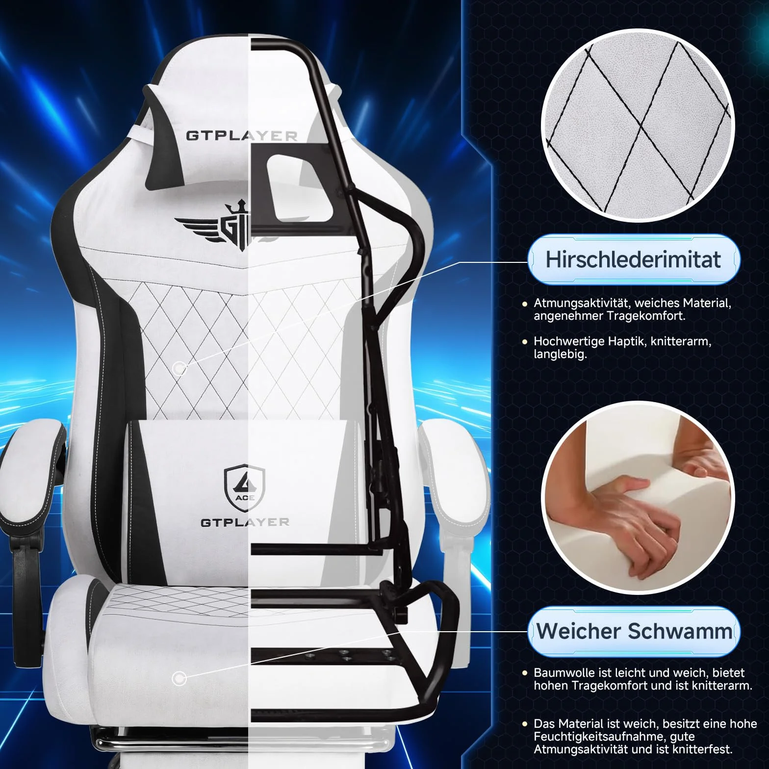 GTPLAYER Fotel gamingowy ergonomiczny materiałowy z podparciem lędźwiowym nośność 150 kg szary