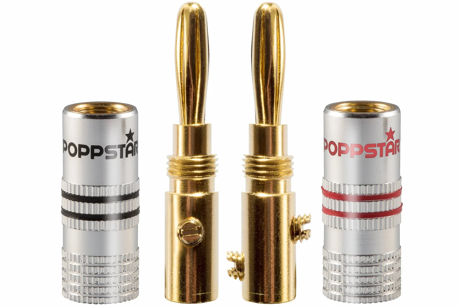 Poppstar 4 wtyki bananowe Hi-End (do 4mm² z połączeniem śrubowym, lutowane do 6 mm², pozłacane styki 24k, obudowa aluminiowa, 2 czarne, 2 czerwone)