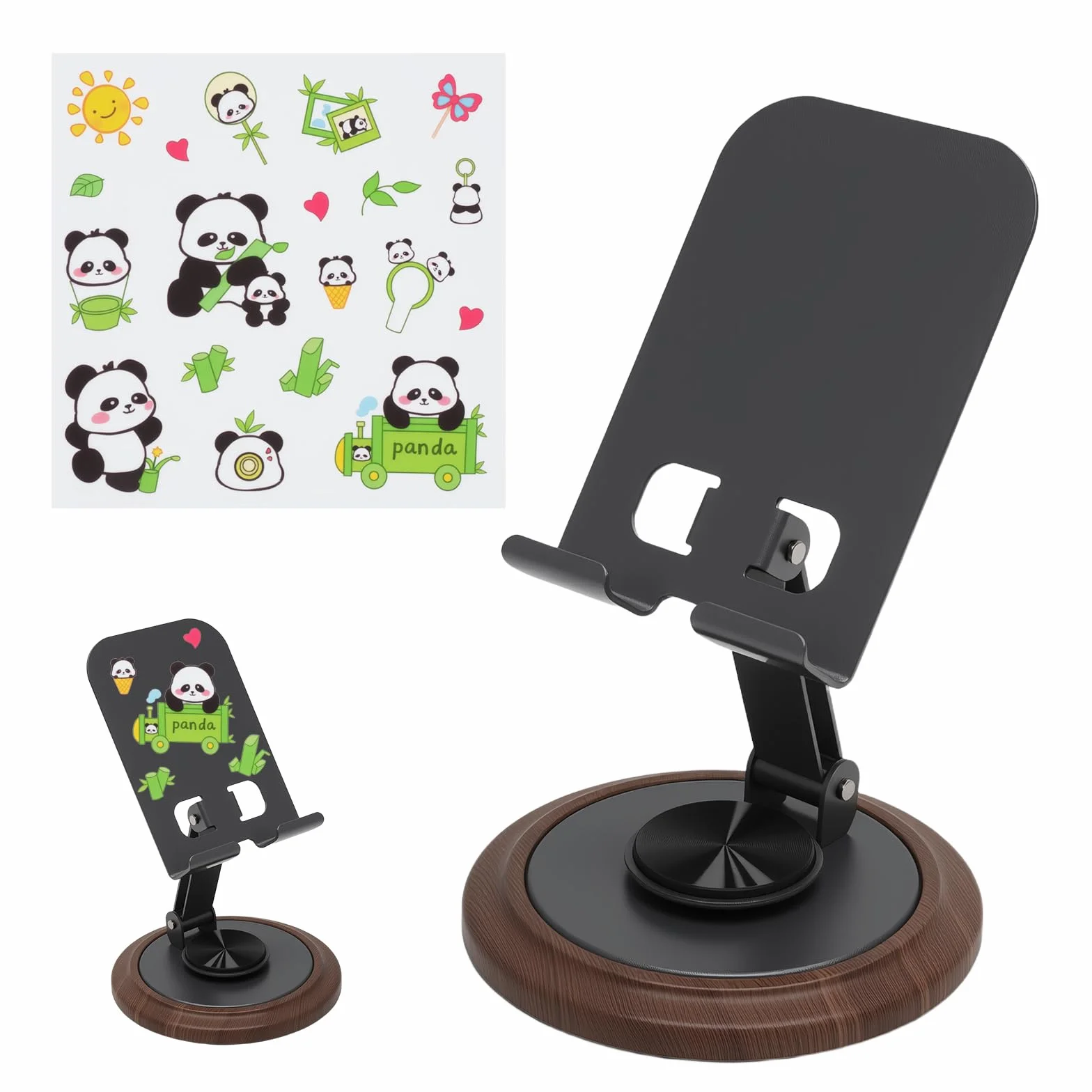 360° uchwyt na telefon z naklejką panda, stojący uchwyt na tablet. Może pomieścić do 5 kg, regulowana wysokość. Uchwyt na telefon i tablet do stołu z drewnianą fakturą podstawy. Uchwyt na tablety dla