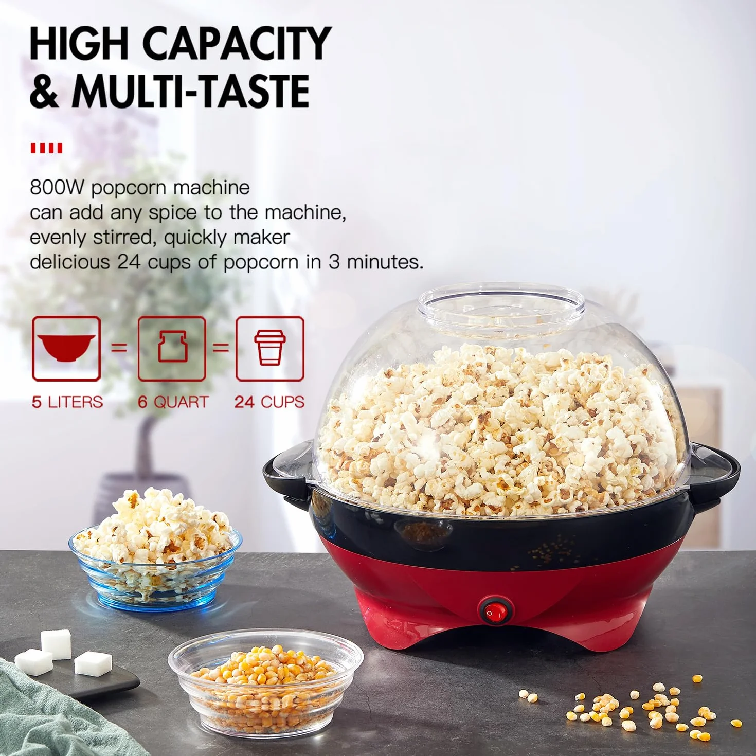 Yabano Domowa maszyna do popcornu 5 l, 800 W, nieprzywierająca płyta grzewcza, automatyczne mieszanie