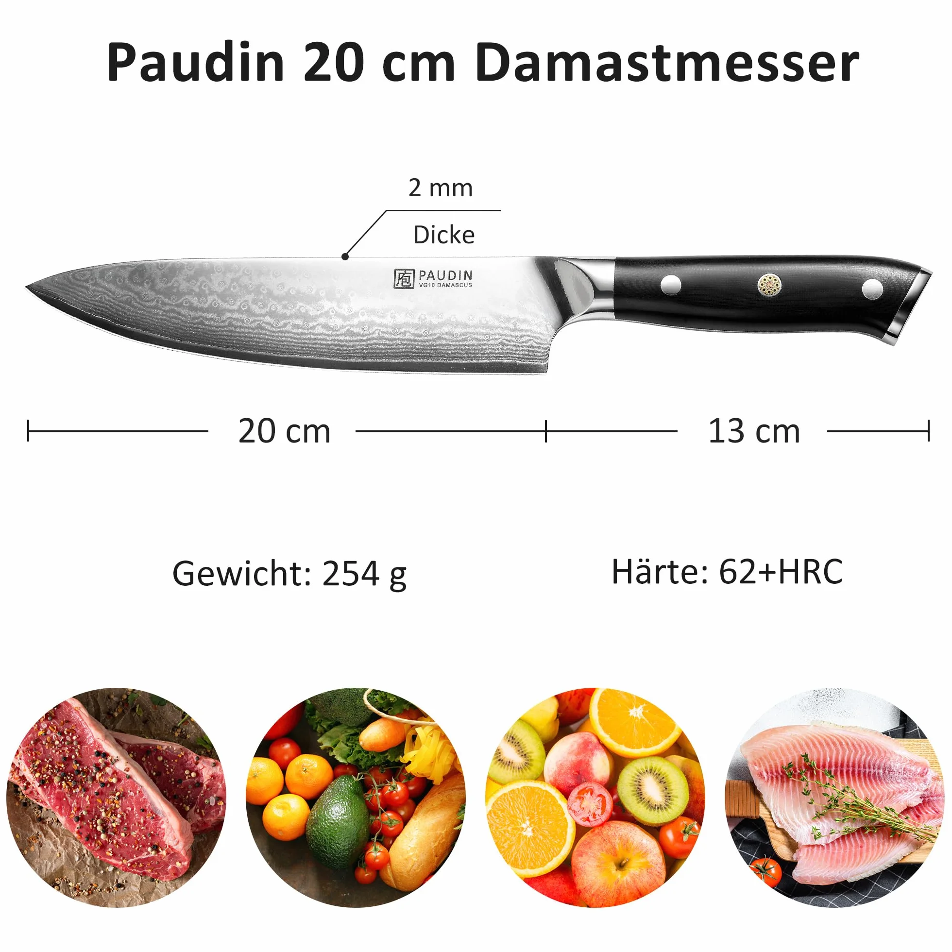 PAUDIN Nóż ze stali damasceńskiej, nóż szefa kuchni, z ergonomicznym uchwytem G10, 20 cm